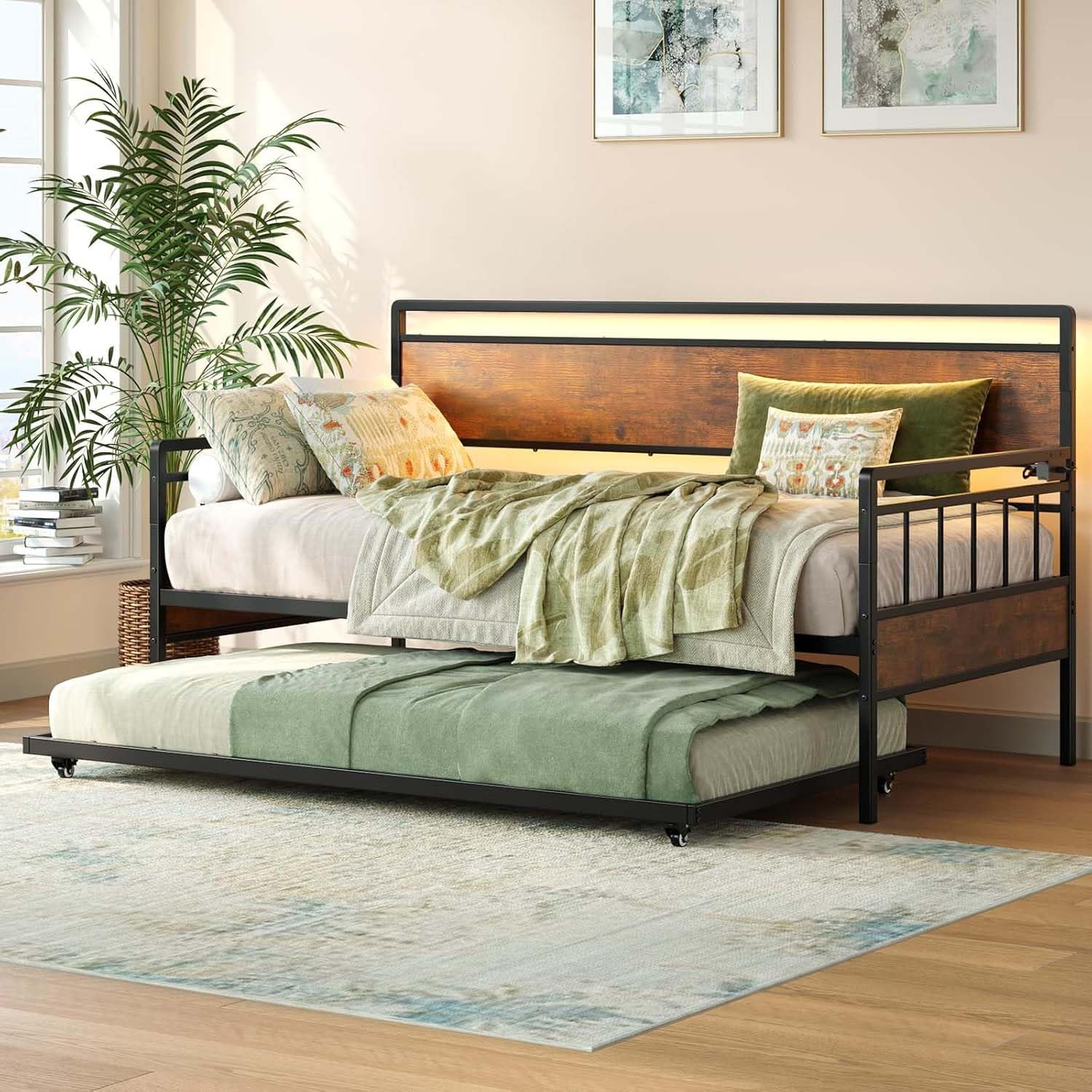 Twin Daybed with Trundle with Charging Station and LED Lights