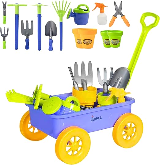Garden Wagon & Tools Toy Set Premium 15 Pcs Kids Gardening Tools & Wagon Toy Set