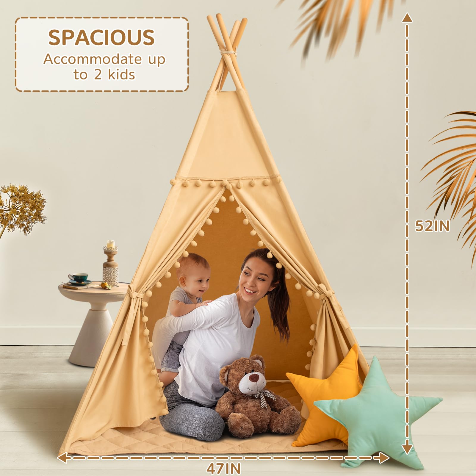 WIRHAO Teepee Tent for Kids with Mat, Cotton Canvas Kids Teepee with Pompom for Toddlers Indoor Play Tent for Girls Boys with Stars Lights, Carry Bag, Banner Flag (Khaki)
