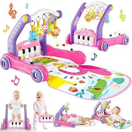 4-in-1 Baby Gym Play Mat with Learning Walker, Tummy Time Mat & Baby Push