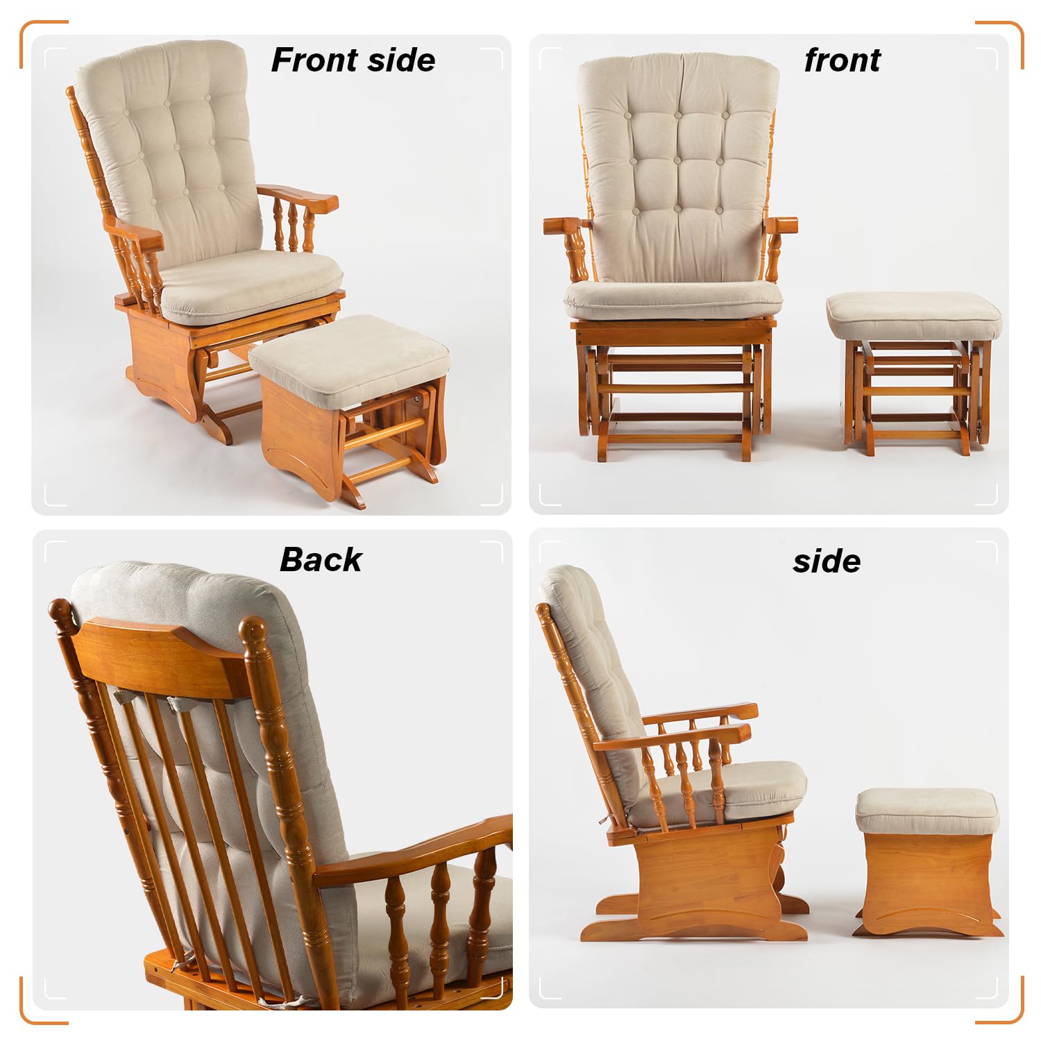 Solid Wood Glider Rocking Chair with Ottoman and Padded Cushion