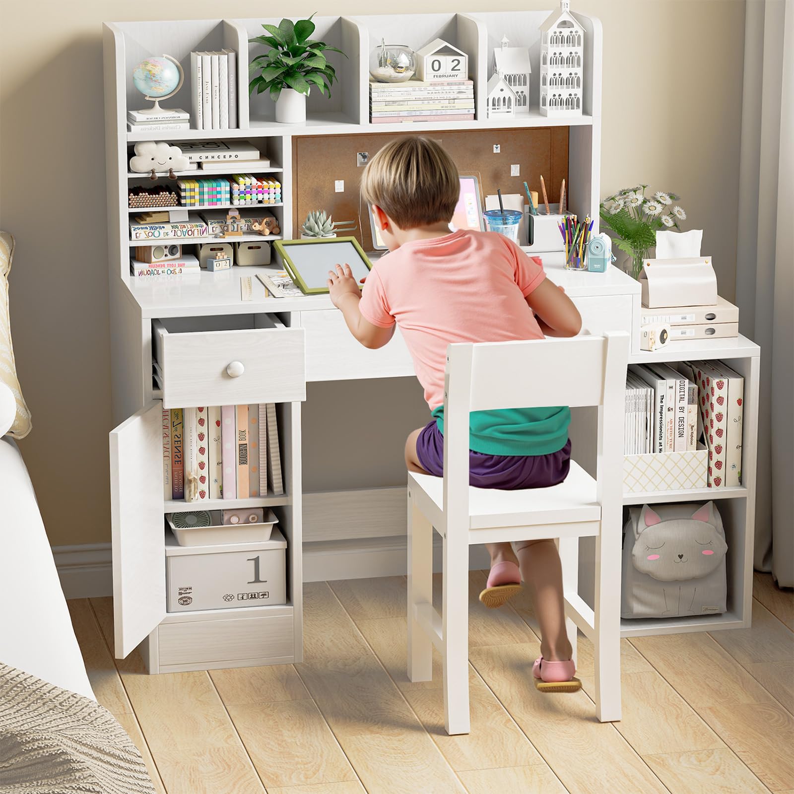 White Wooden Kids Desk and Chair Set, Kids Study Desk