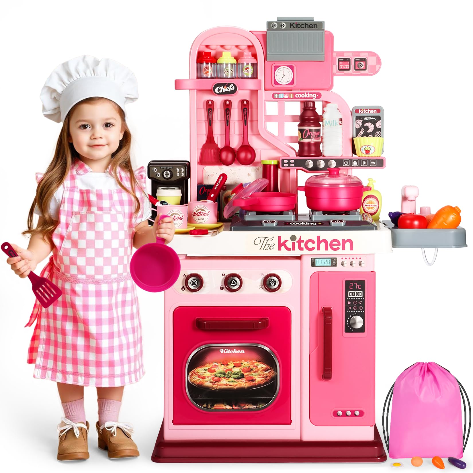 Kids Kitchen Playset, 27.1 Inches Play Kitchen with Sound and Light