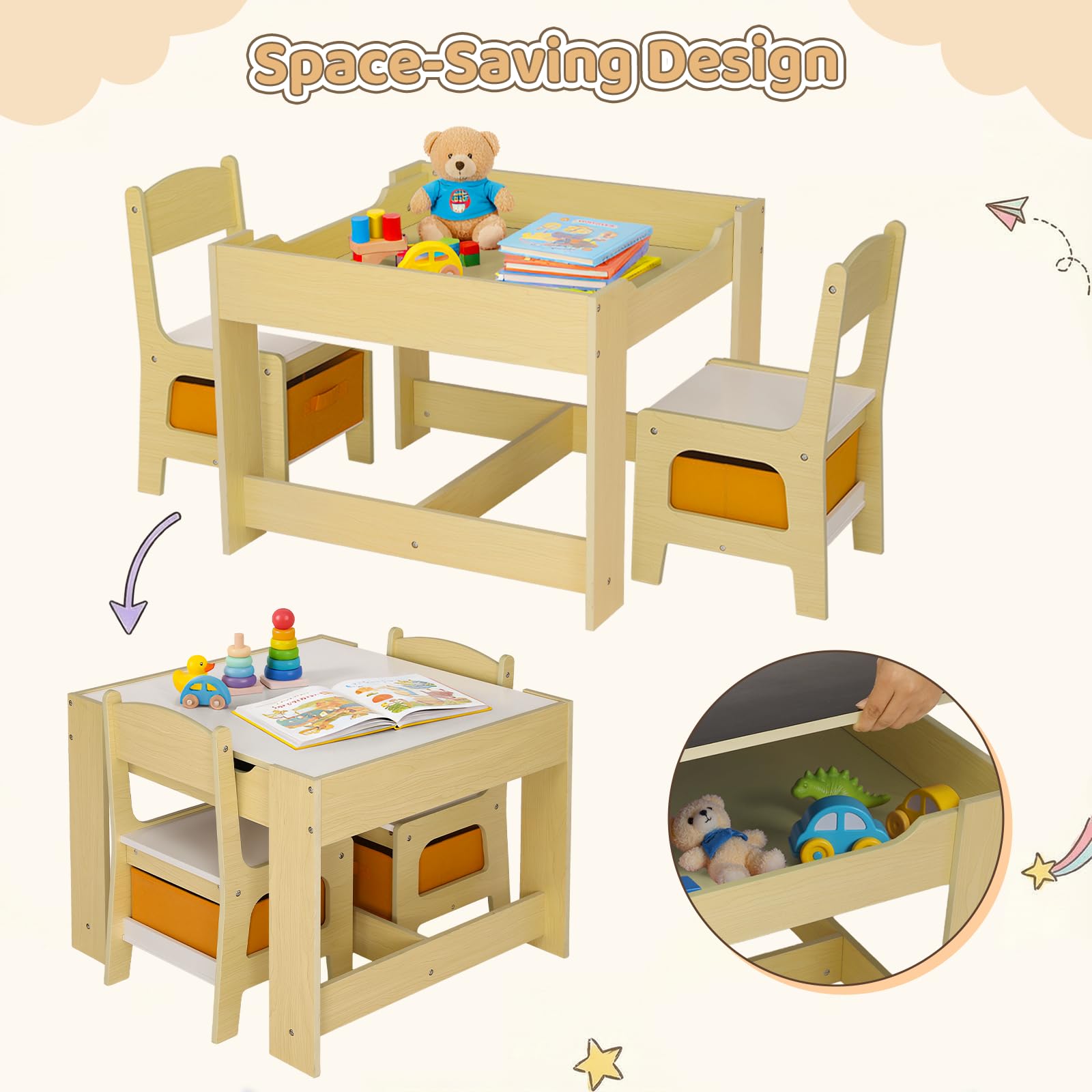 Kids Table and Chair Set with Storage and Reversible Blackboard