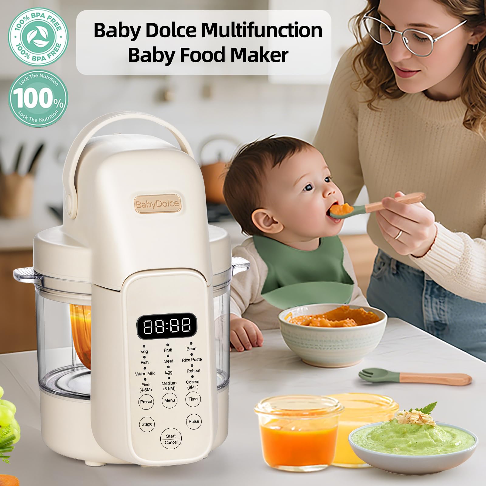 Baby Dolce Baby Food Maker, 9 in 1 Glass Baby Food Processor Steamer Puree Blender with 6 Blades, One Step Cook Grinding, Touch Screen Control, Multifunctional Blender with 24h Timer, Dishwasher Safe