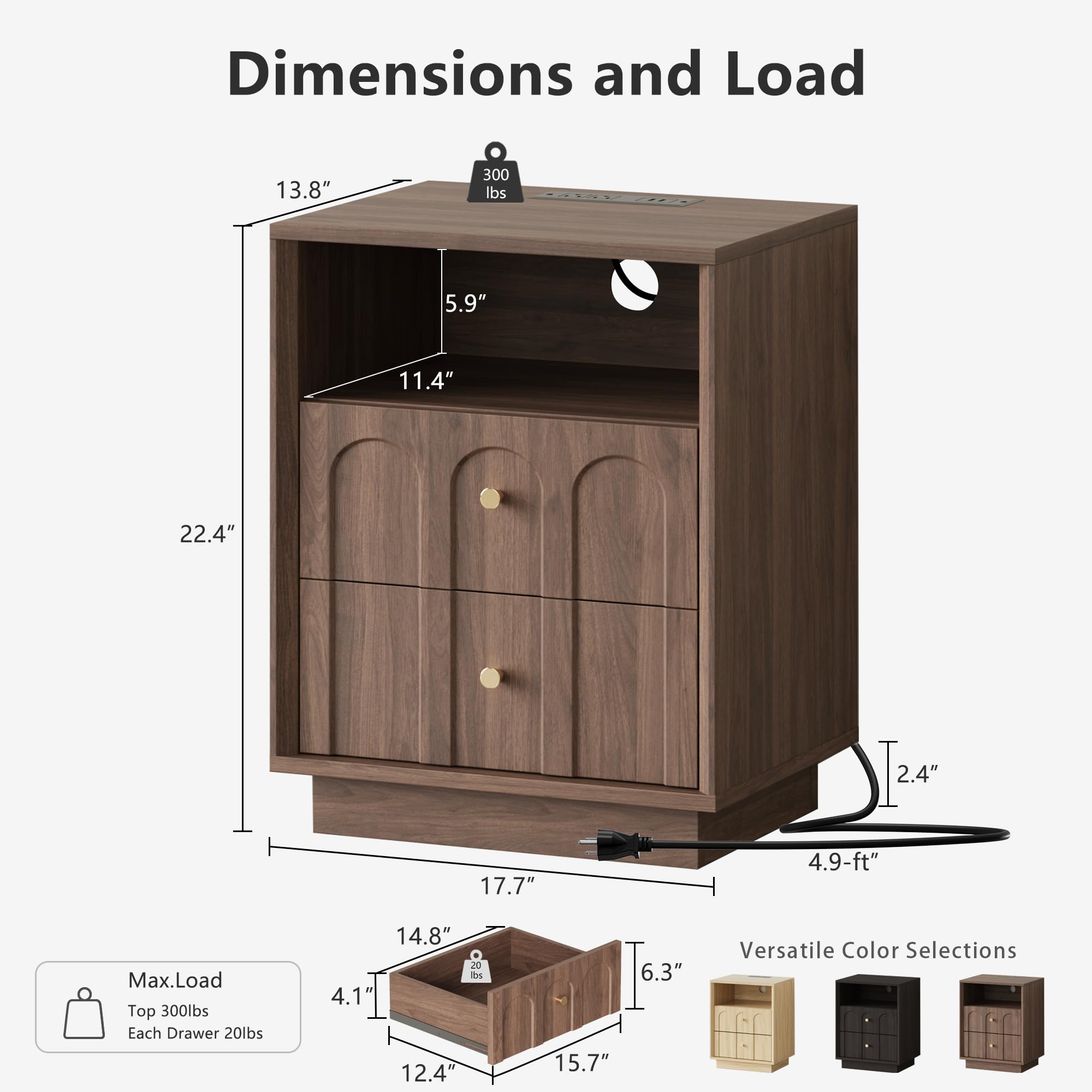 Nightstand with Charging Station, Mid Century Modern Nightstand with Arched Design, Minimalist End Table with Wood Grain Texture, Bedside Table for Bedroom Living Room Sofa Office, Walnut