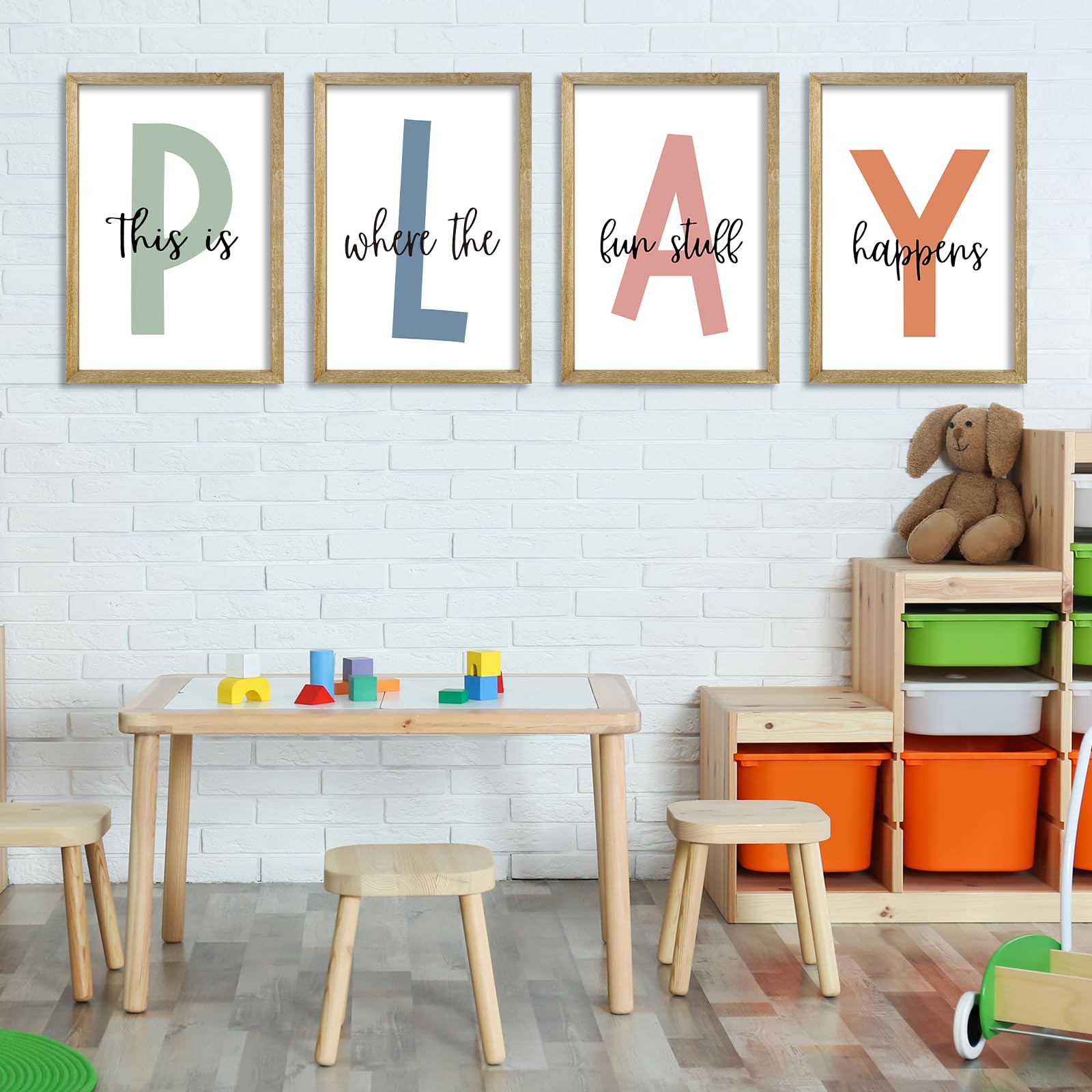 Kids Playroom Wall Art Decor Rustic Wood Framed Sign Set of 4