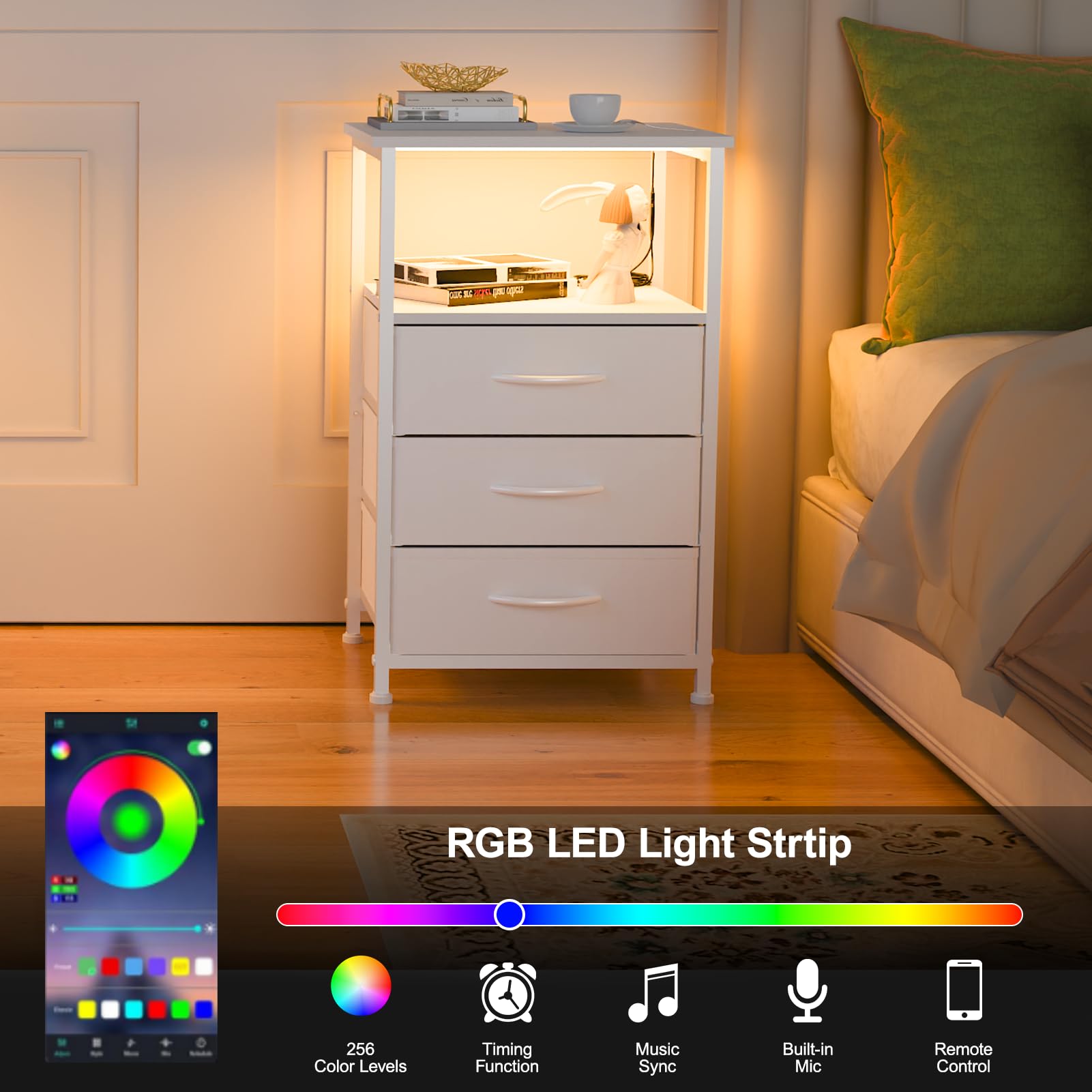 LED Nightstand with 3 Fabric Drawers