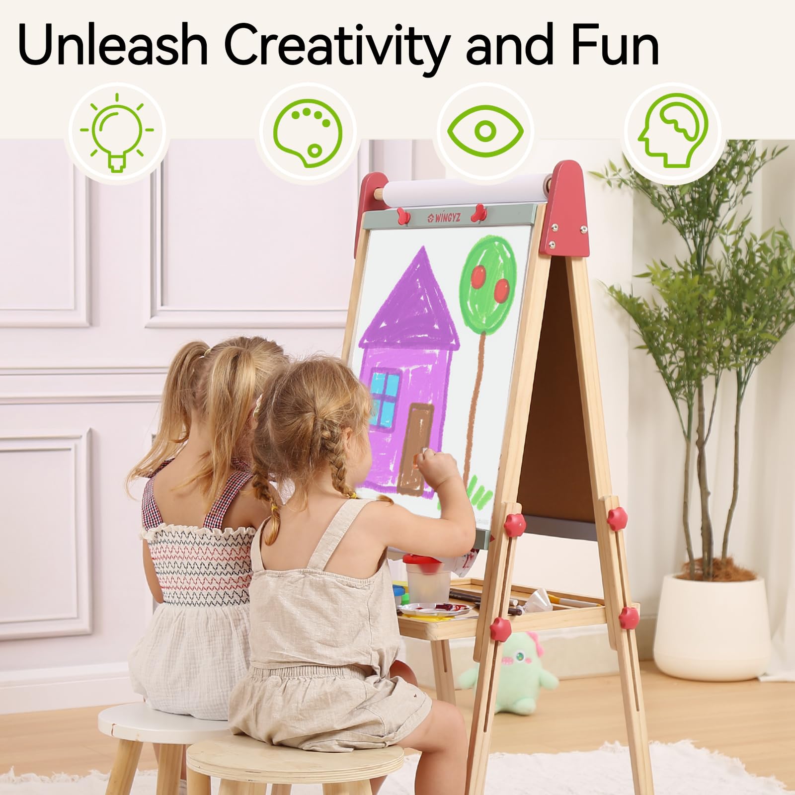 Wingyz 3-in-1 Adjustable Kids Art Easel with Magnetic Whiteboard & Chalkboard - Double-Side Wooden Drawing Board, 3 Paint Pots & Eraser - Creative Gift for Toddlers Ages 2-4, 4-8, 8-12