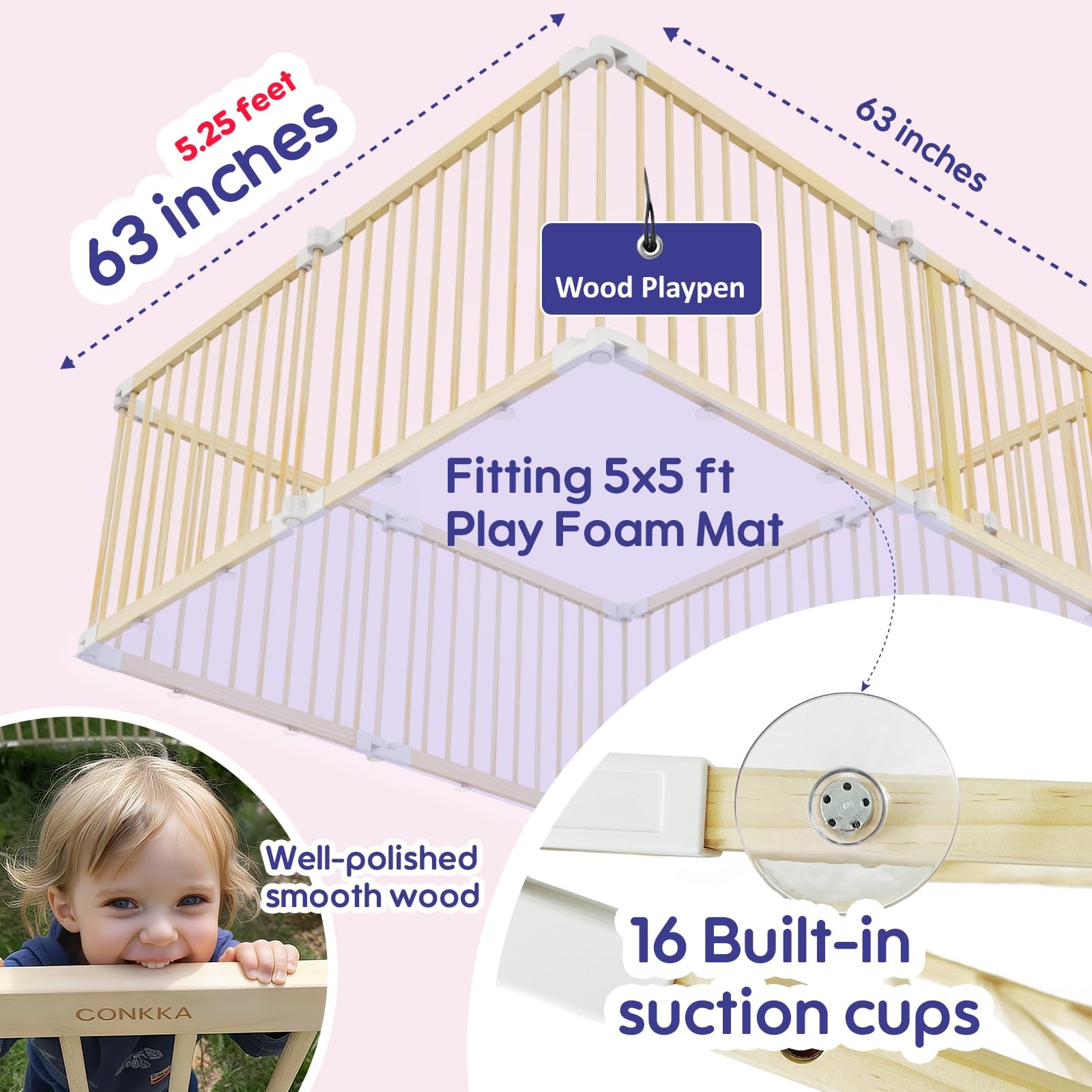 Foldable Wooden Baby Playpen 63x63x25 Inch