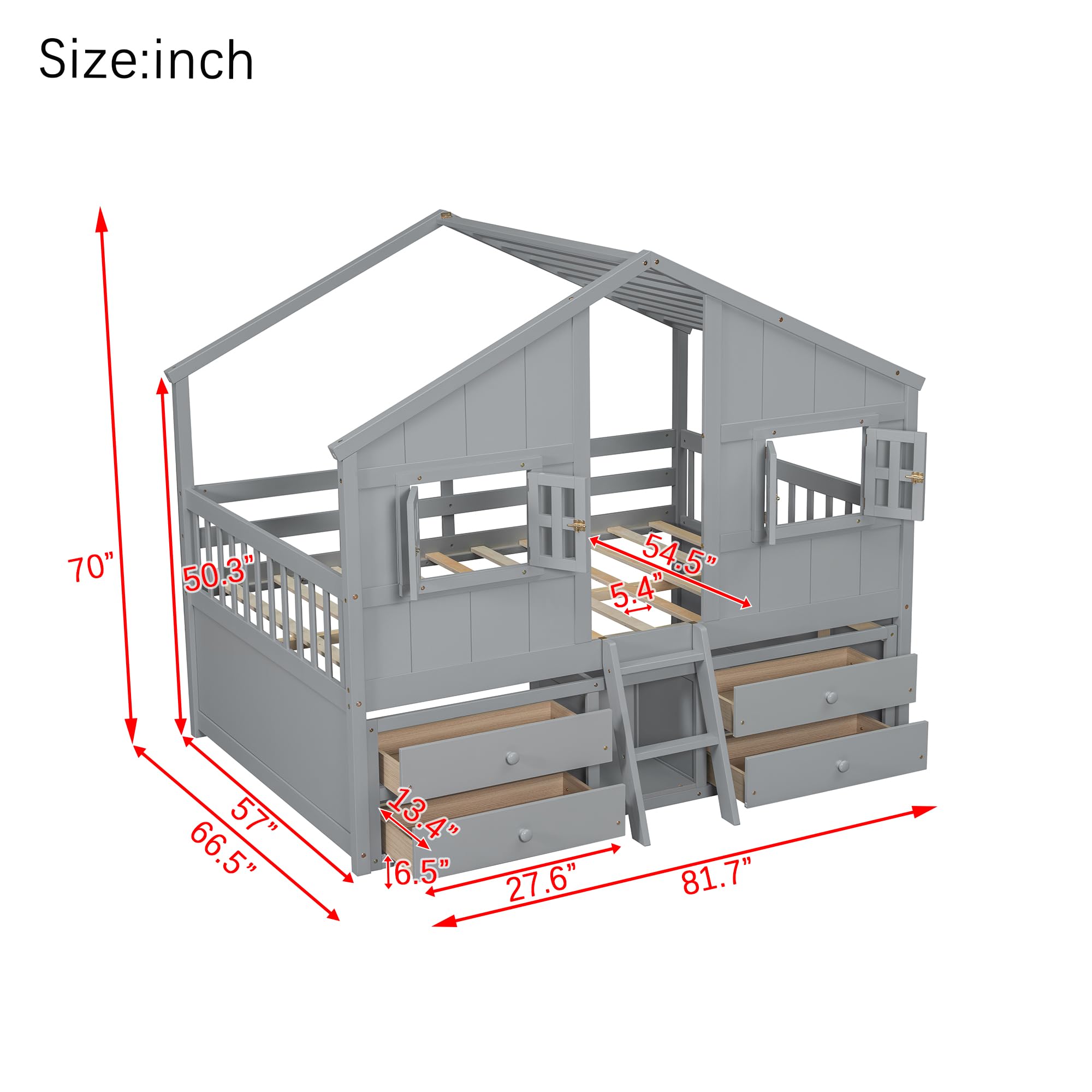 Full Size House-Shaped Loft Bed with Storage Drawers and Roof