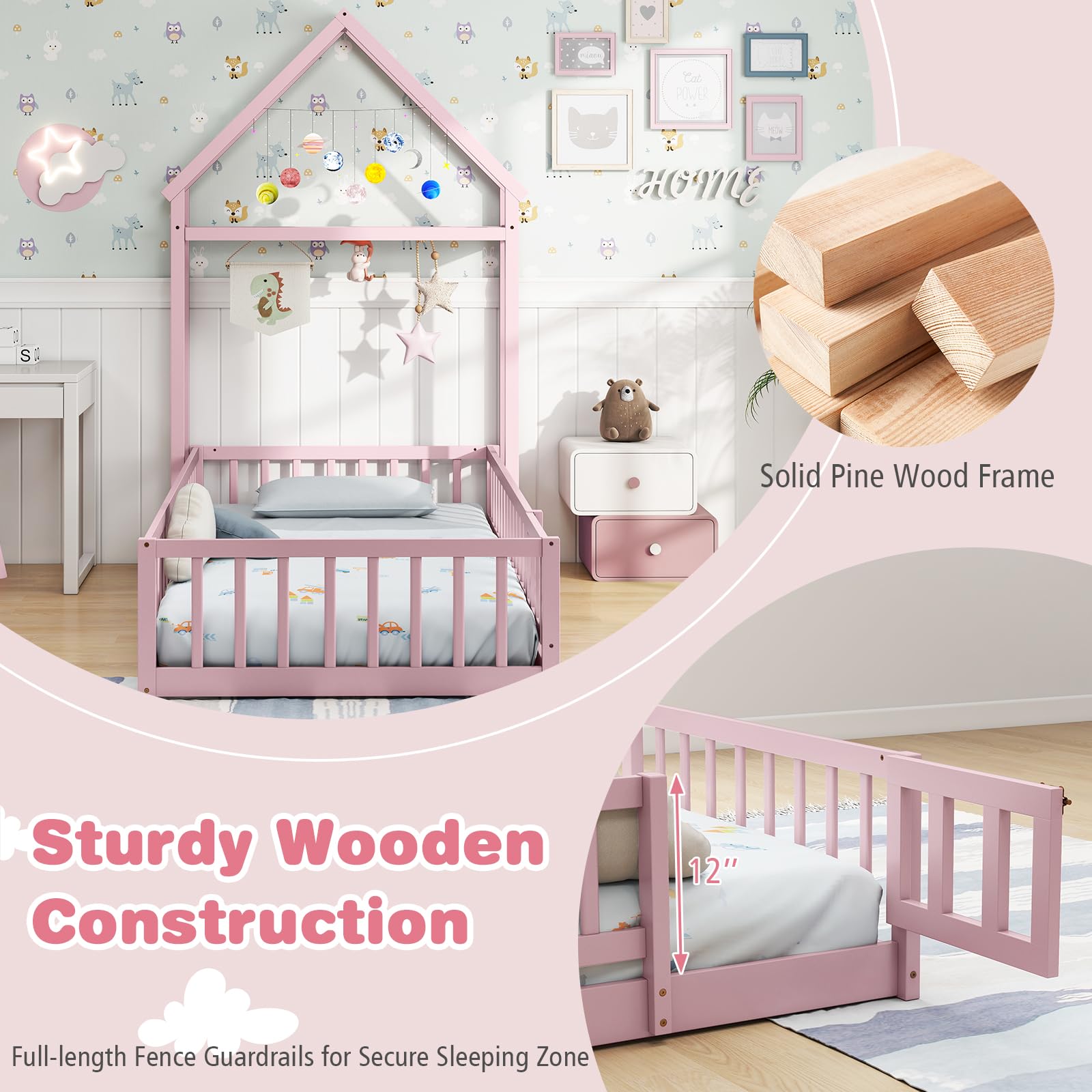 Twin House Floor Bed for Kids with Safety Rails