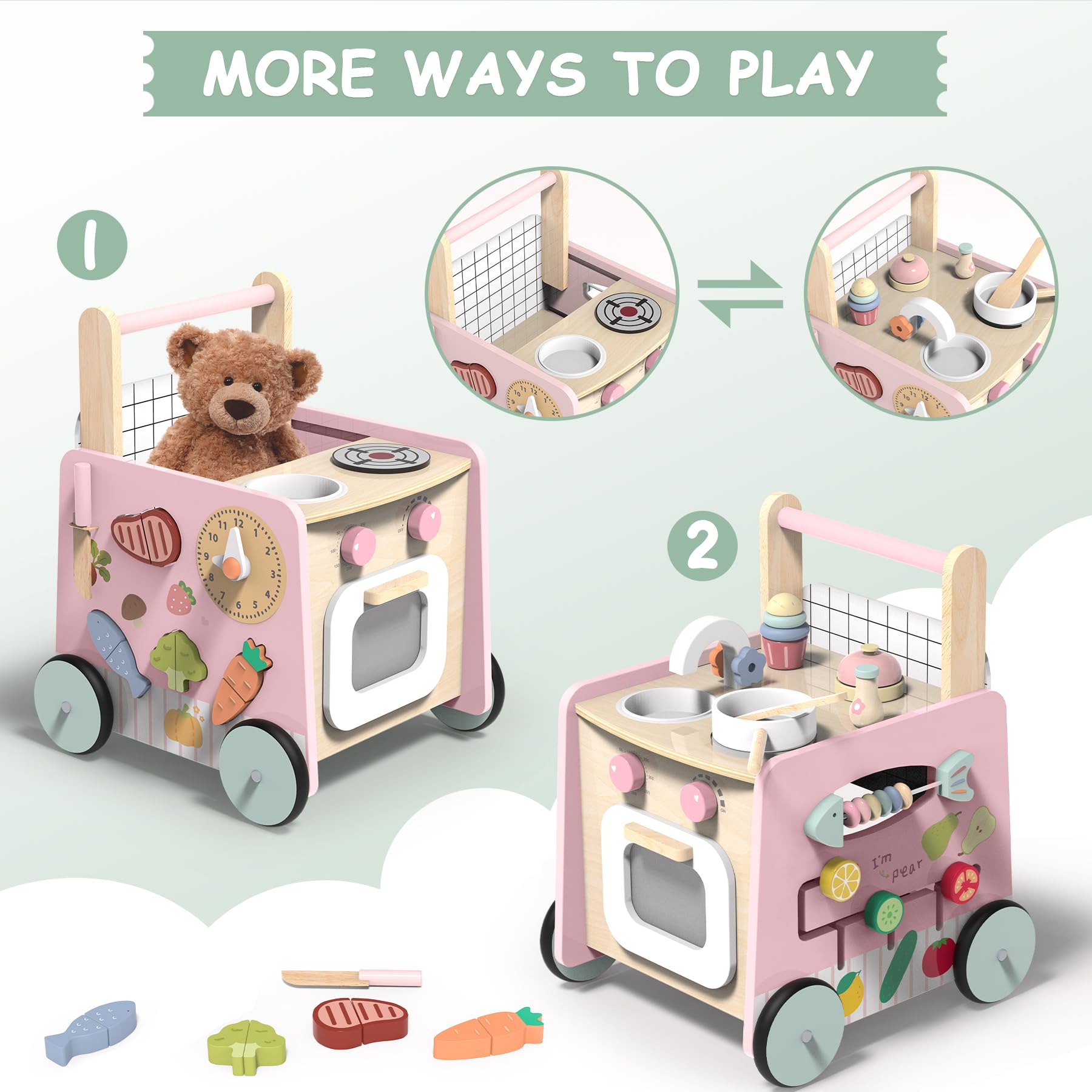 4-in-1 Wooden Baby Walker with Kitchen Play Set