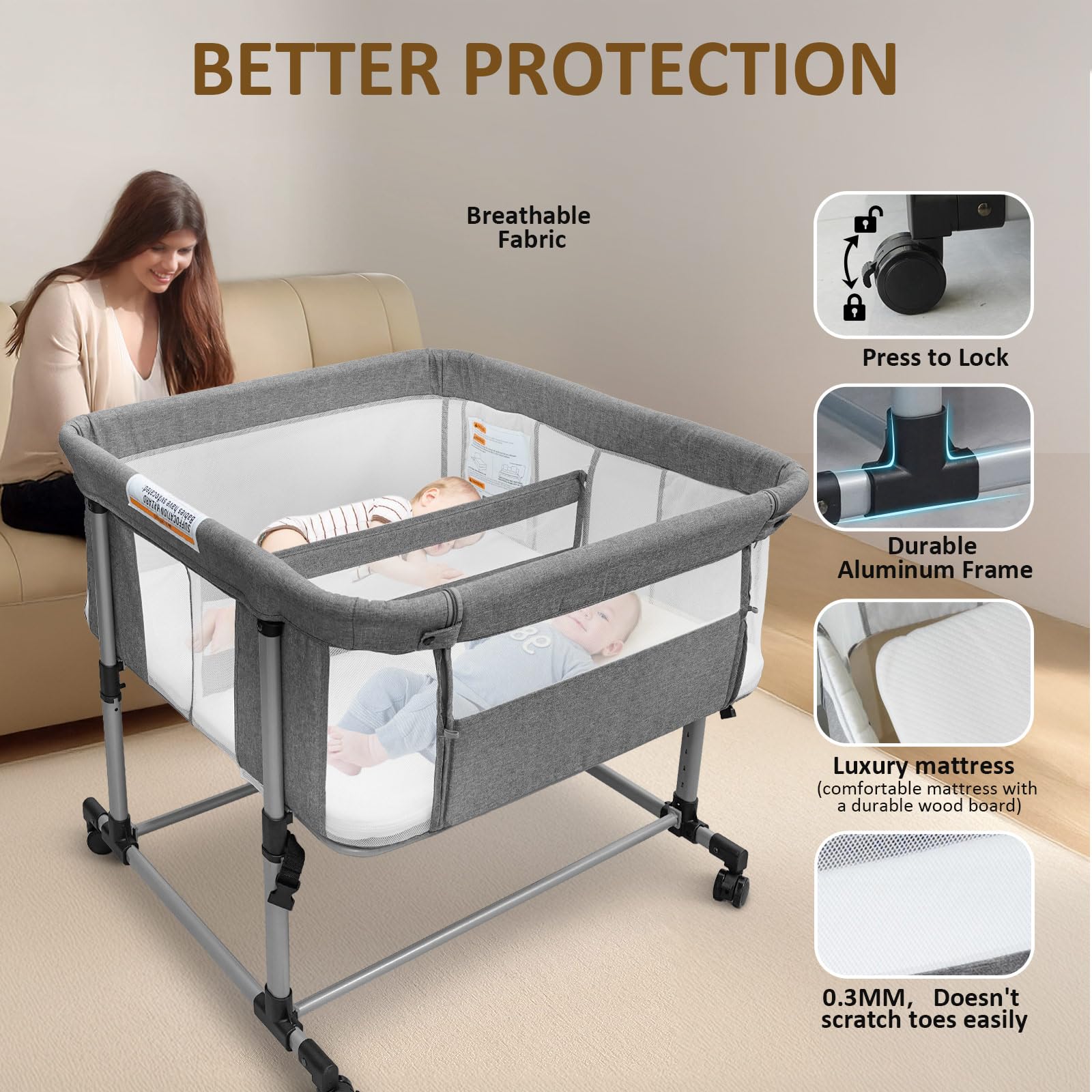 Twin Bassinet for Babies with Wheels and Adjustable Height