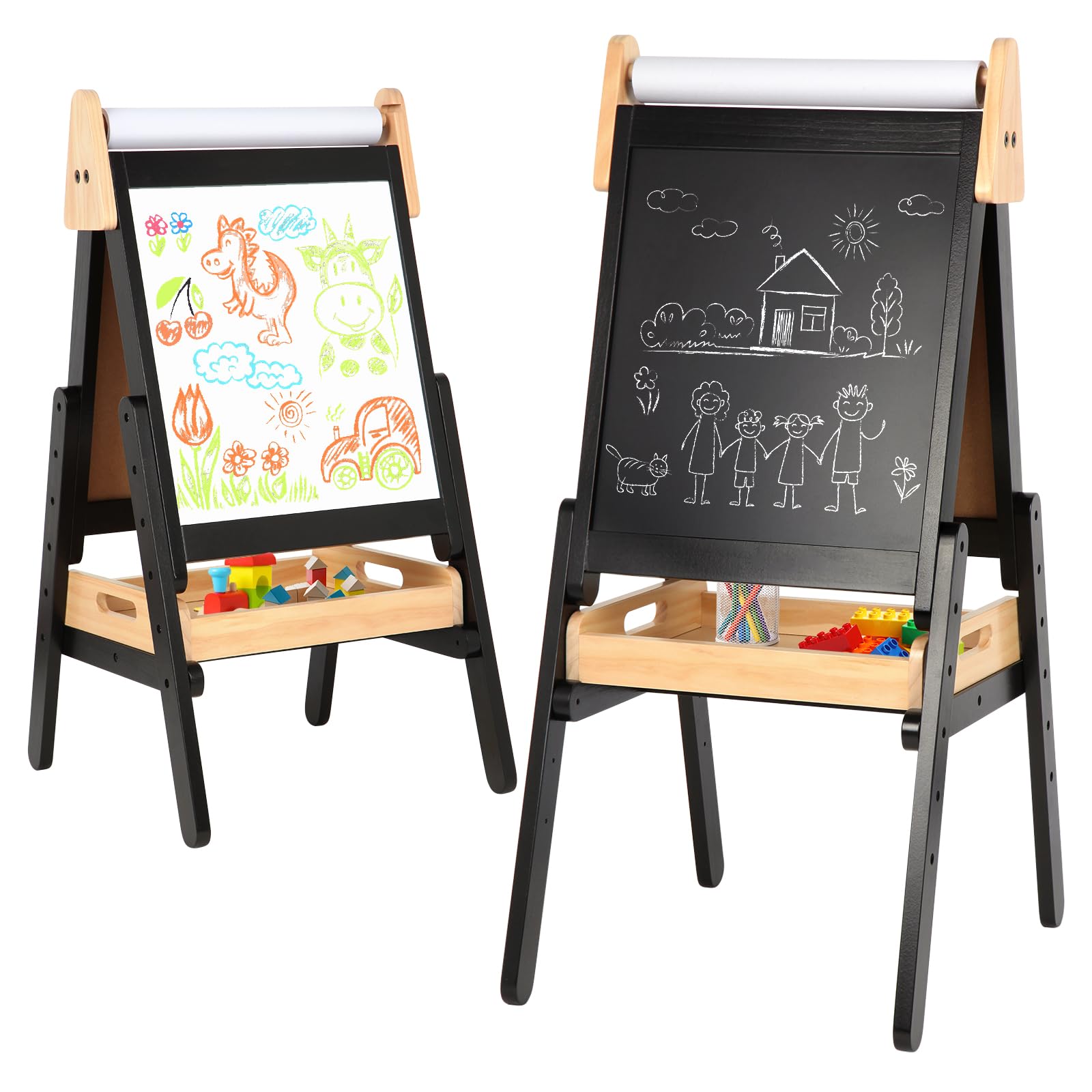 Kids with Wood Tray, Double Sided Kids Easel with Paper Roll,Magnetic