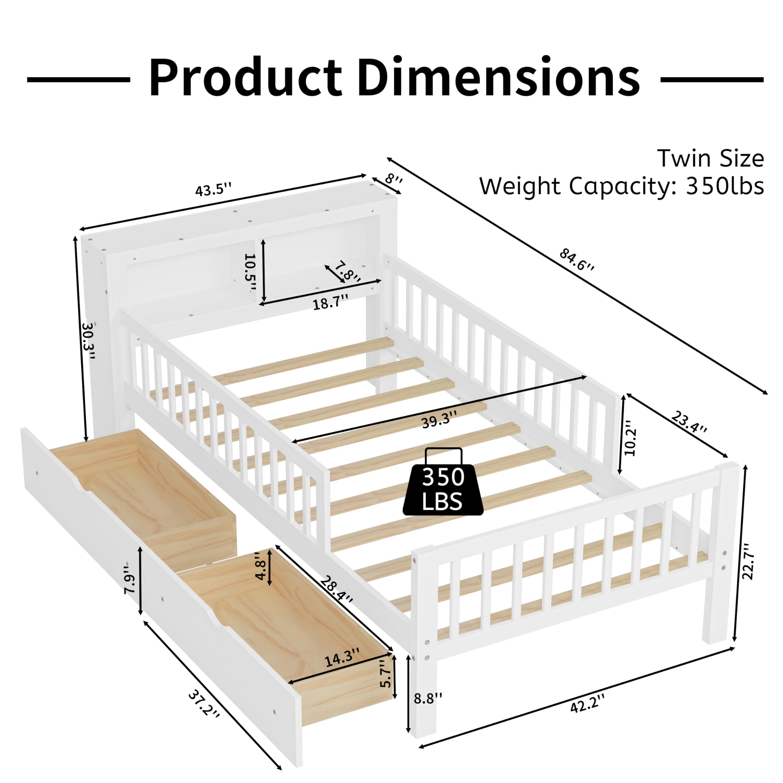 Kids Twin Bed Frame with Storage Drawers and Guardrails