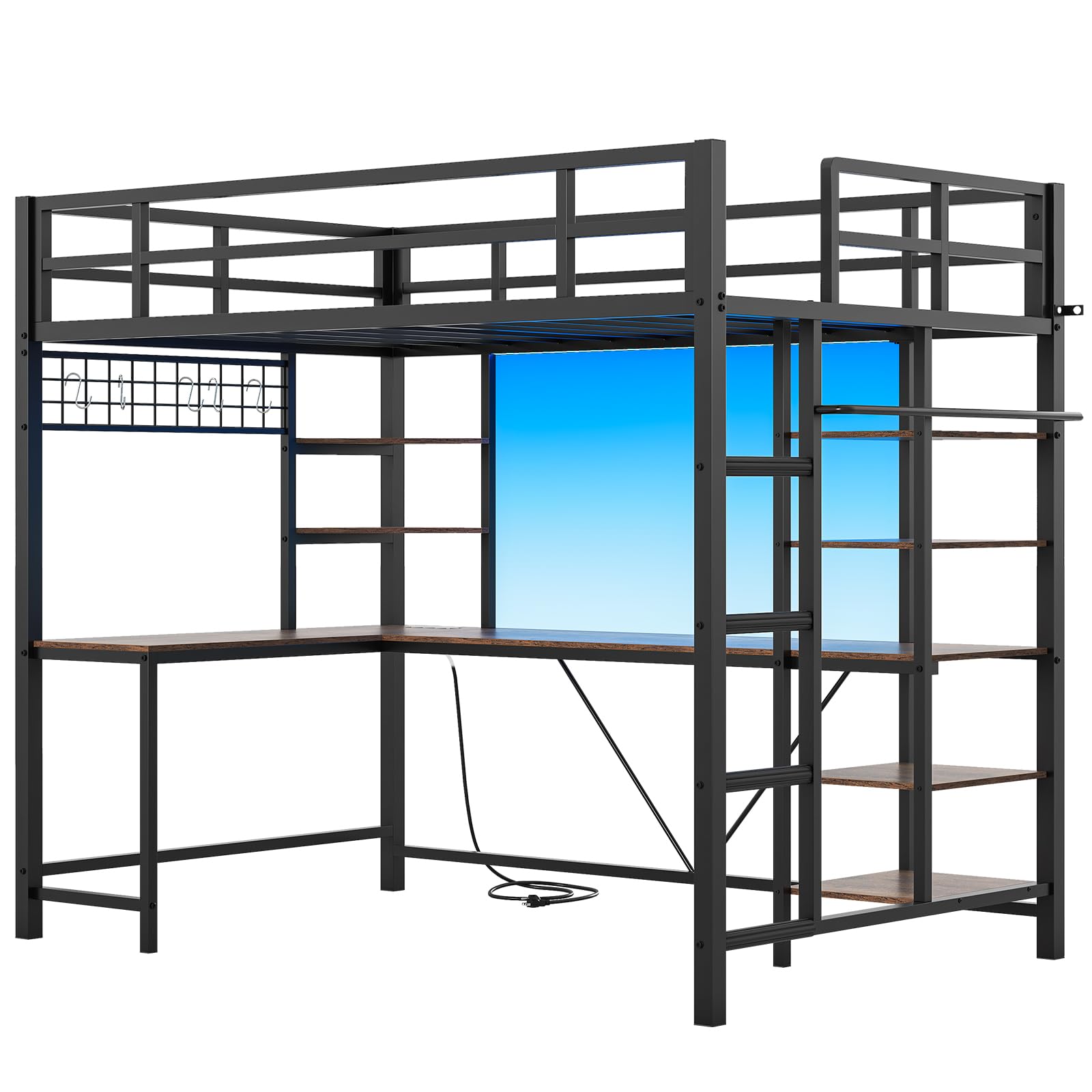 Loft Bed Twin Size with L Shaped Desk, LED Lights, Charging Station