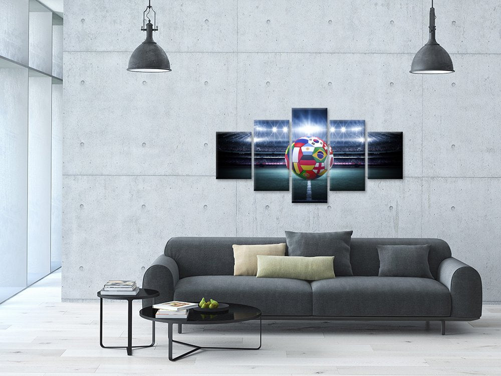 Large 5 Pieces Canvas Wall Art Light Shining Soccer Ball Stadium Close