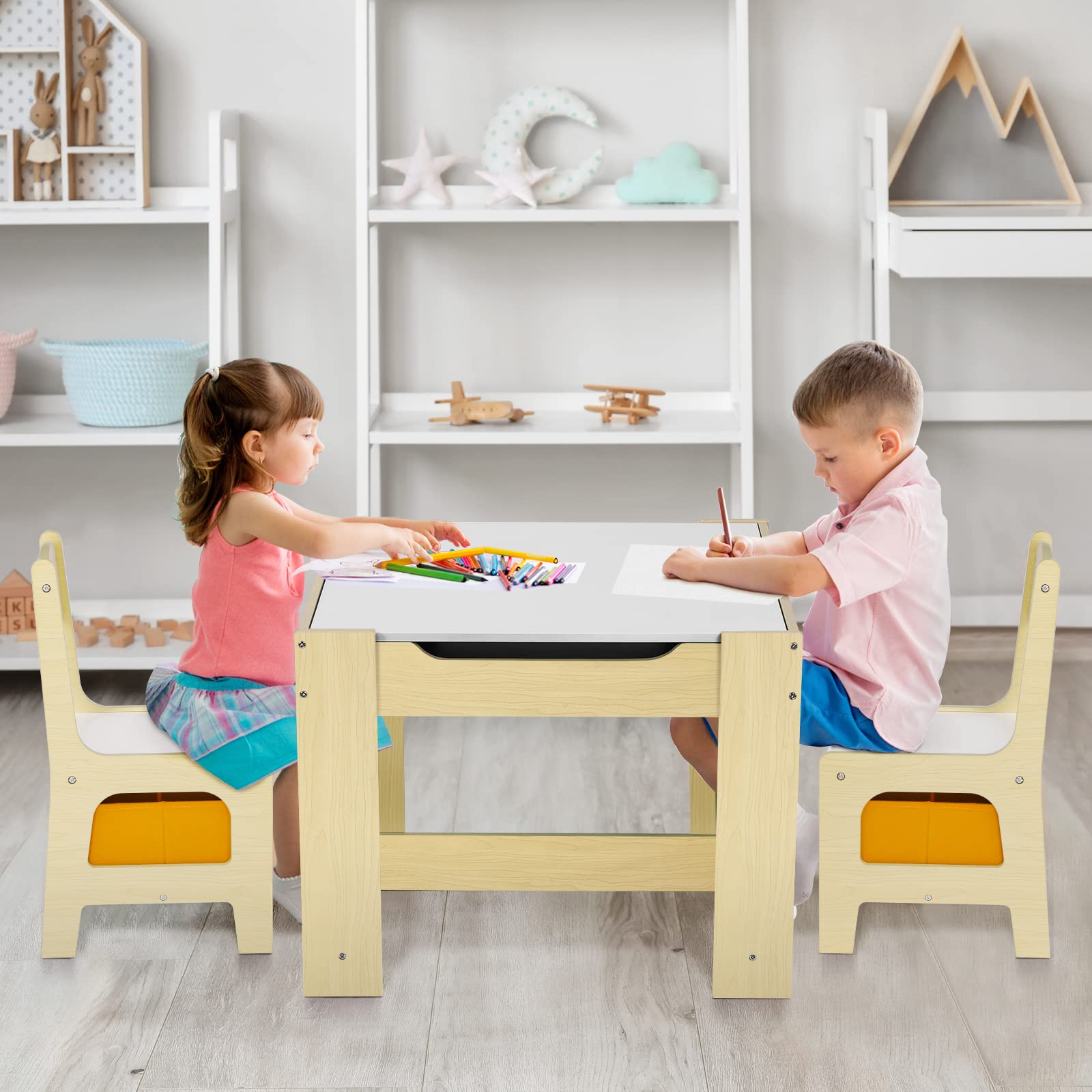 Kids Table and Chair Set, 4 in 1 Wooden Activity Desk