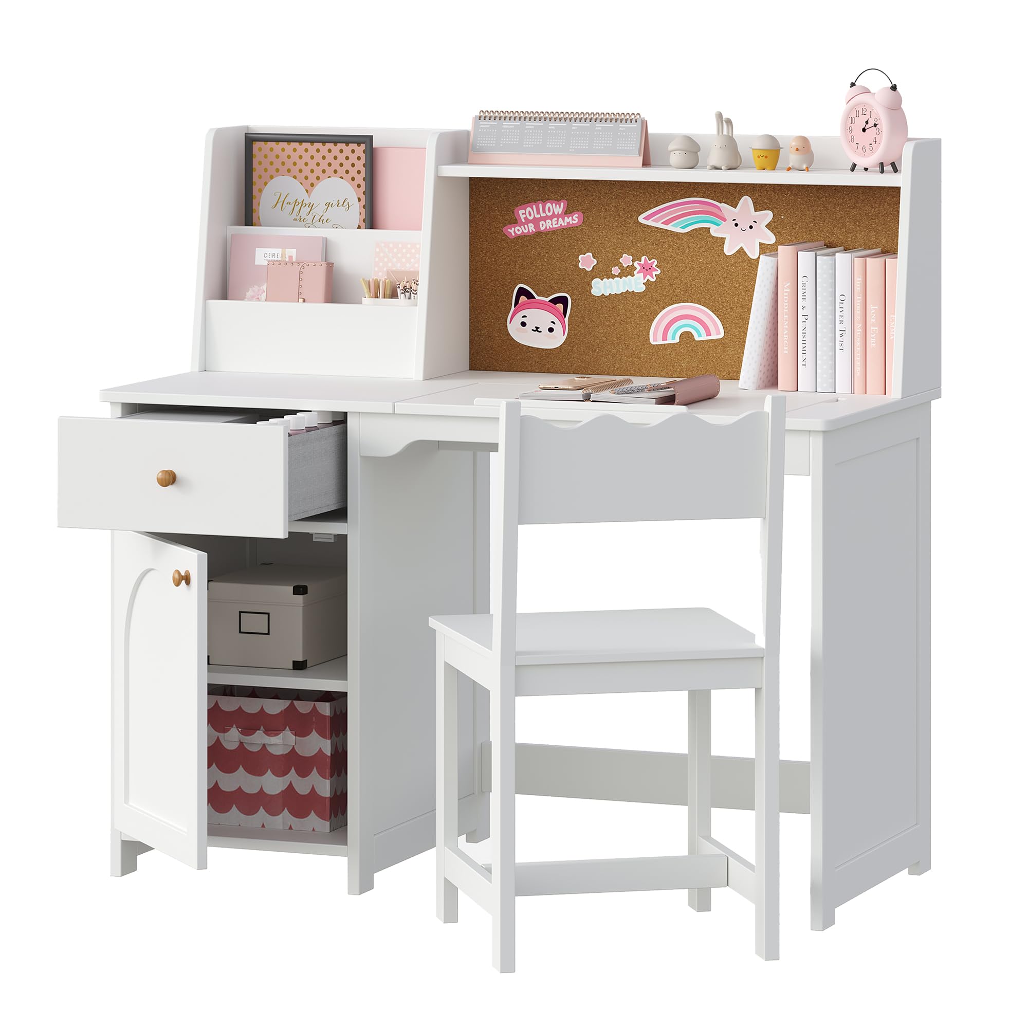 Kids Study Desk and Chair Set, Kids Desks with Hutch and Tiltable
