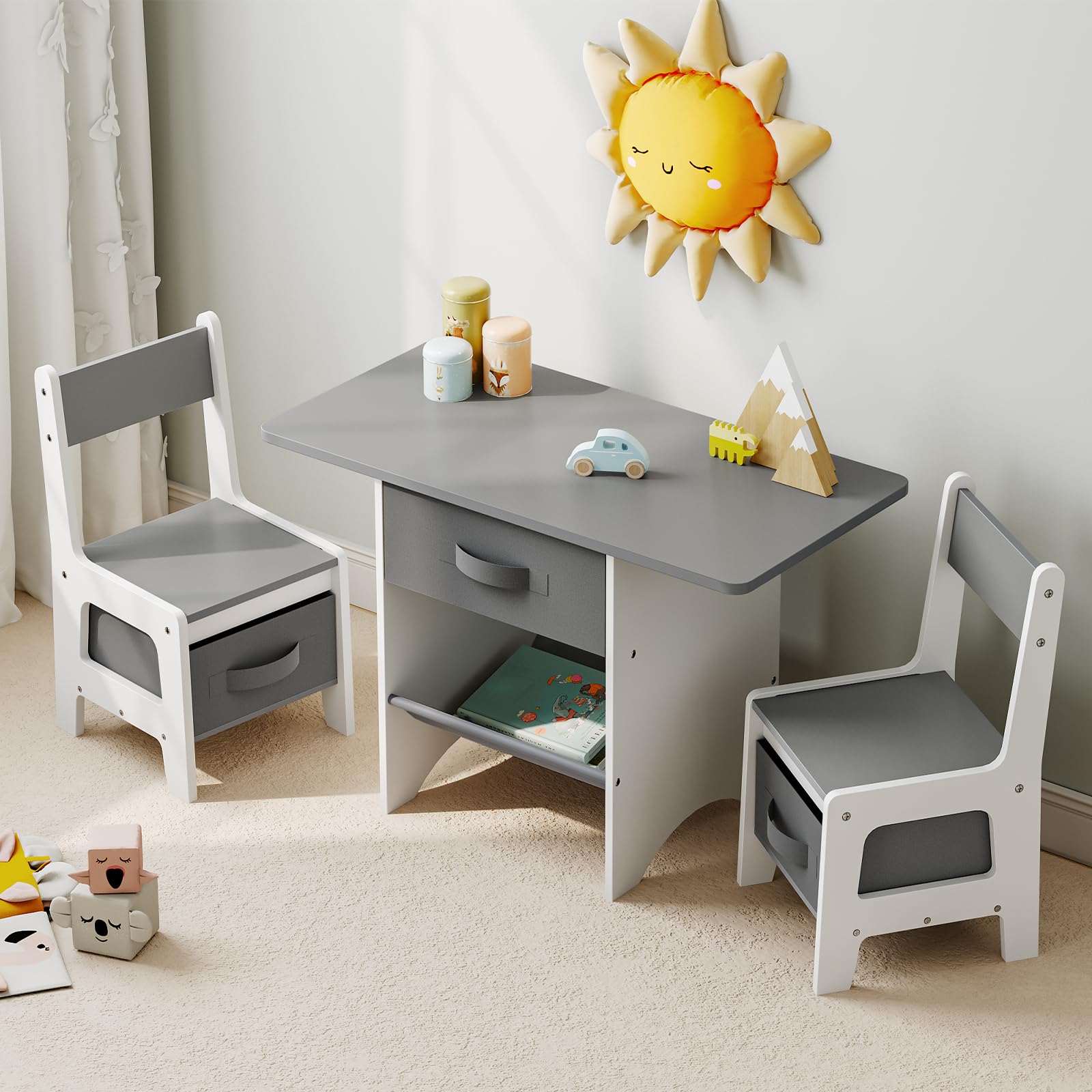 Toddler Table and Chair Set, 3 in 1 Wooden Kids Table and Chair Set