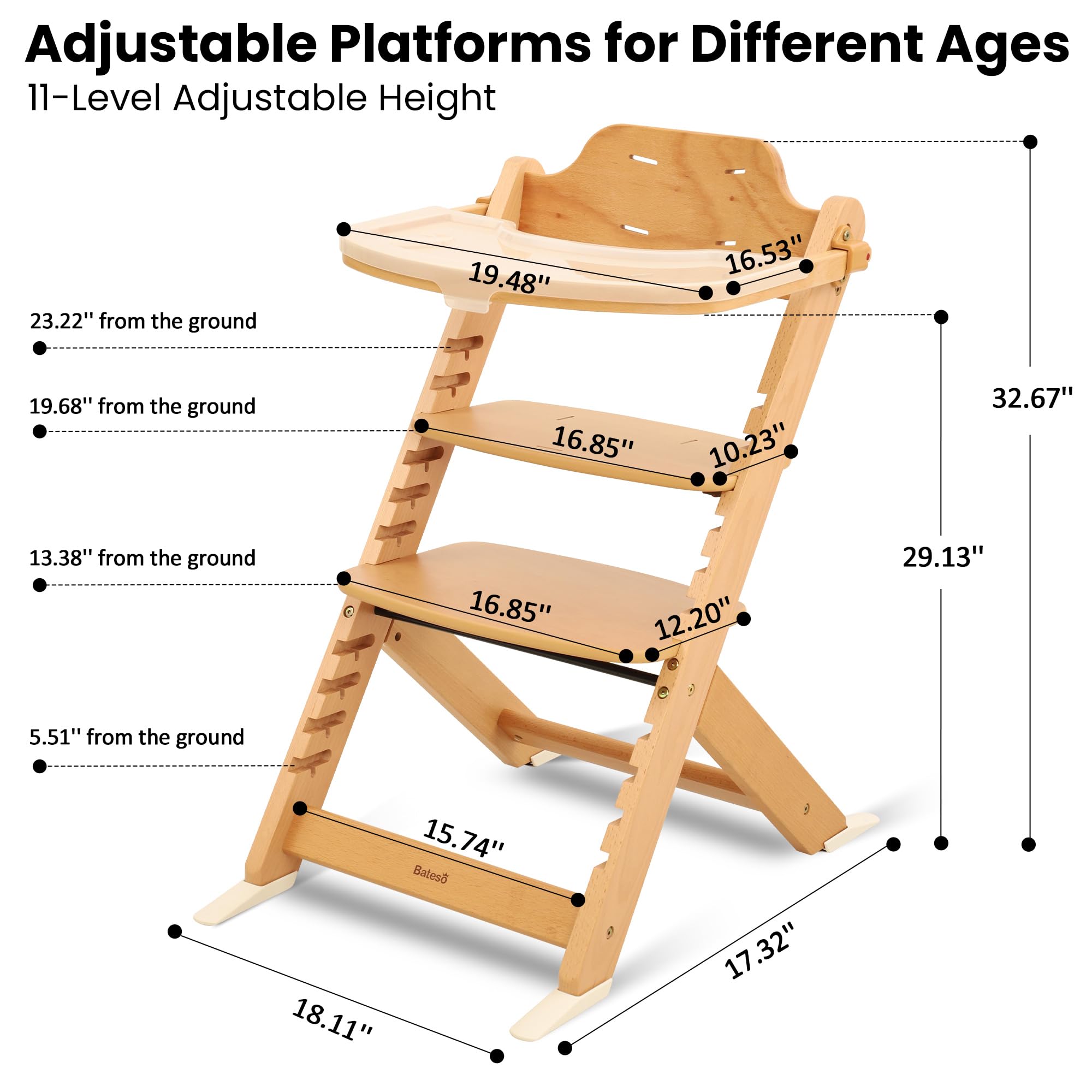 Adjustable Wooden High Chair with Removable Tray and Safety Harness