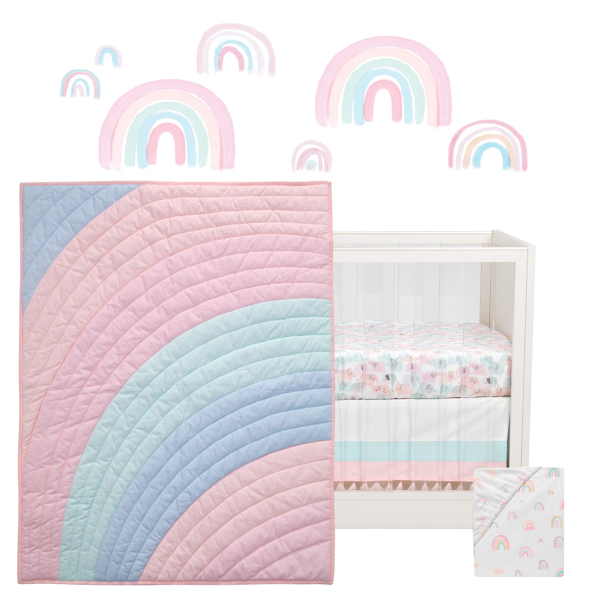 Watercolor Pastel Pink/Mint Rainbow 5-Piece Baby Crib Bedding Set