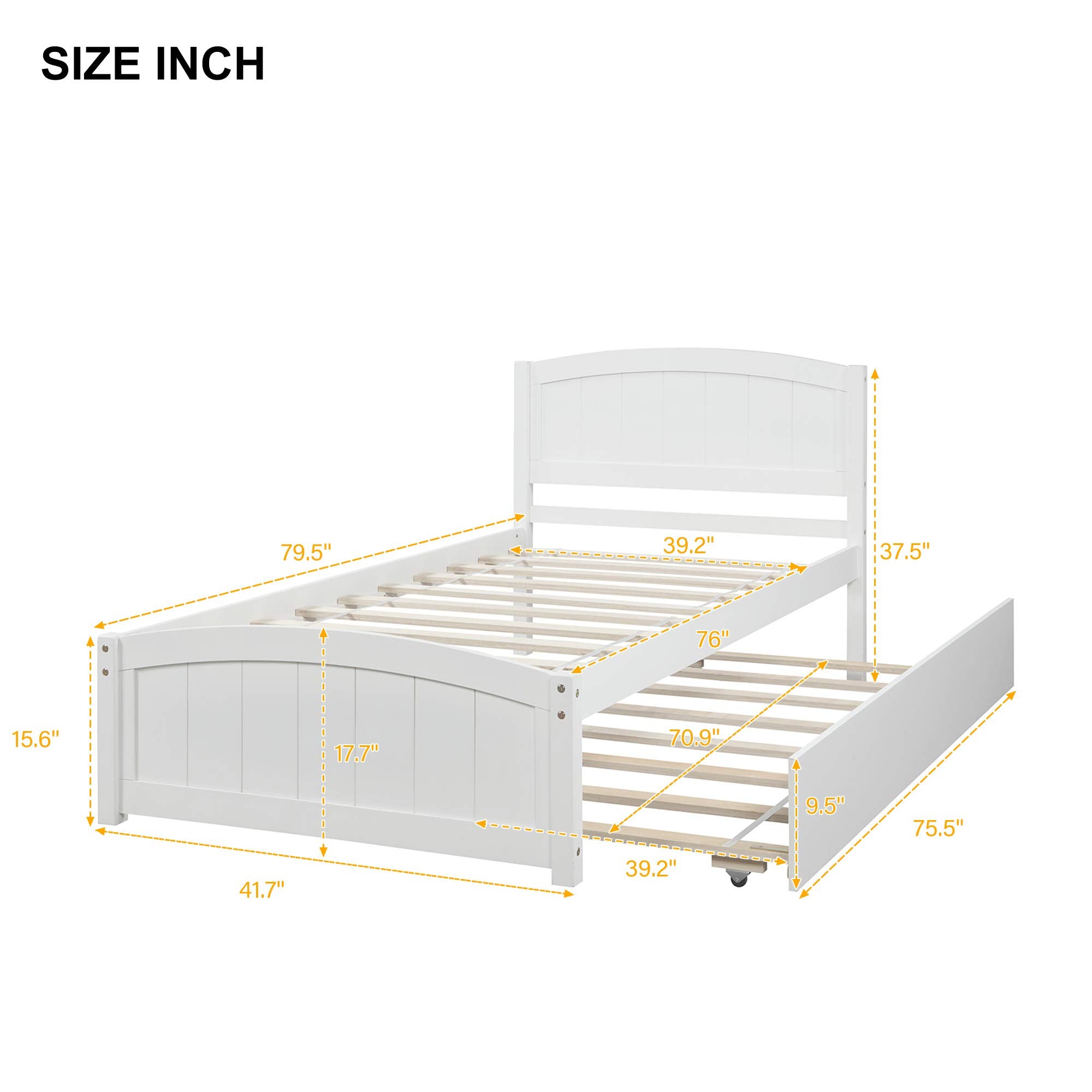 Twin Platform Bed Frame with Trundle, White Solid Wood, 79.5 x 41.7 x 37.5 inches