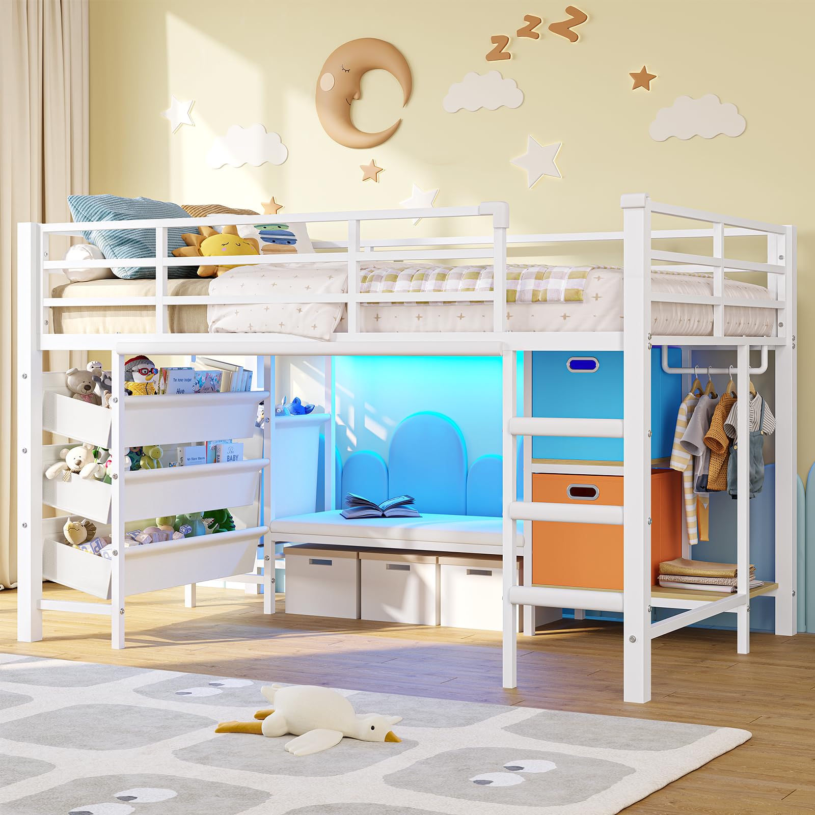 Low Loft Bed Twin Size with Reading Corner Metal Twin Loft Bed