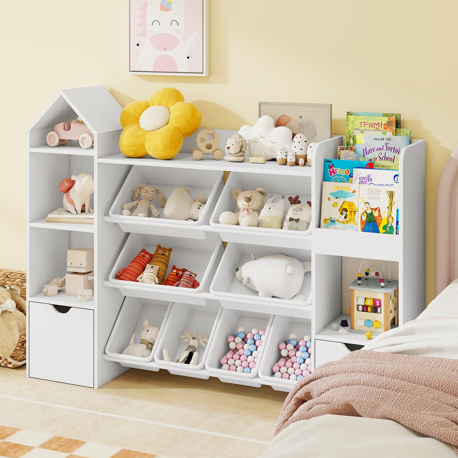Kids Toy Storage Organizer with Bookshelf and Removable Bins