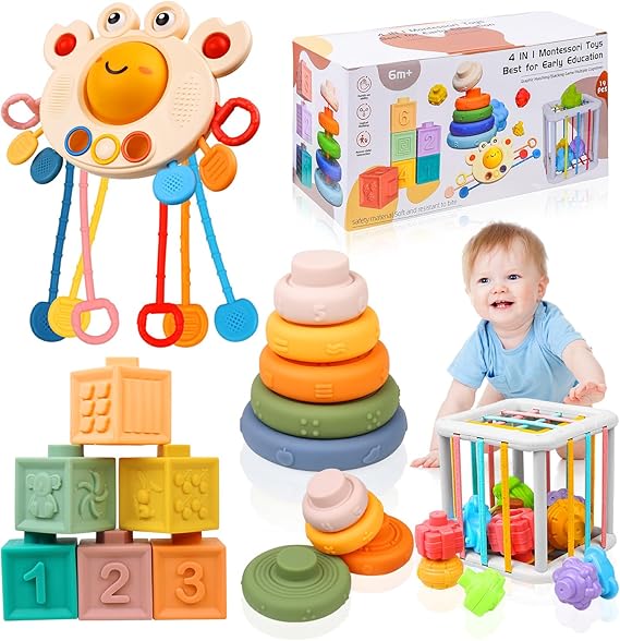 Montessori Toys for Babies 6-12 Months, 4 in 1 Soft Baby Teething Toys