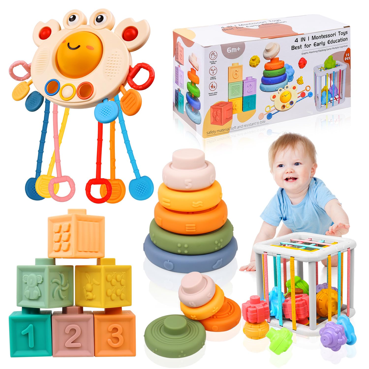 Montessori Toys for Babies 6-12 Months, 4 in 1 Soft Baby Teething Toys