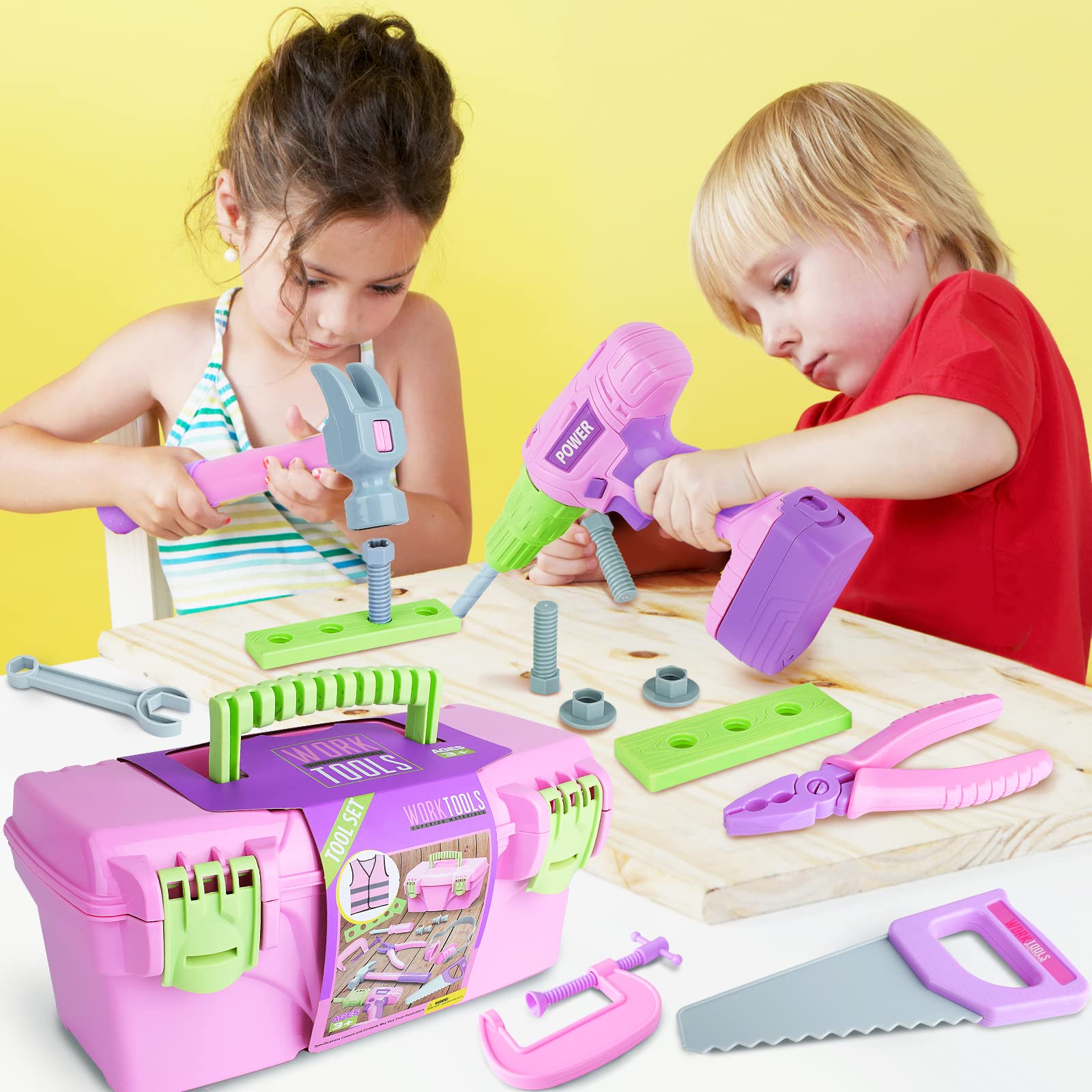 Electric Toy Drill Tool Box for Girls, Pink Toddler Tool Set