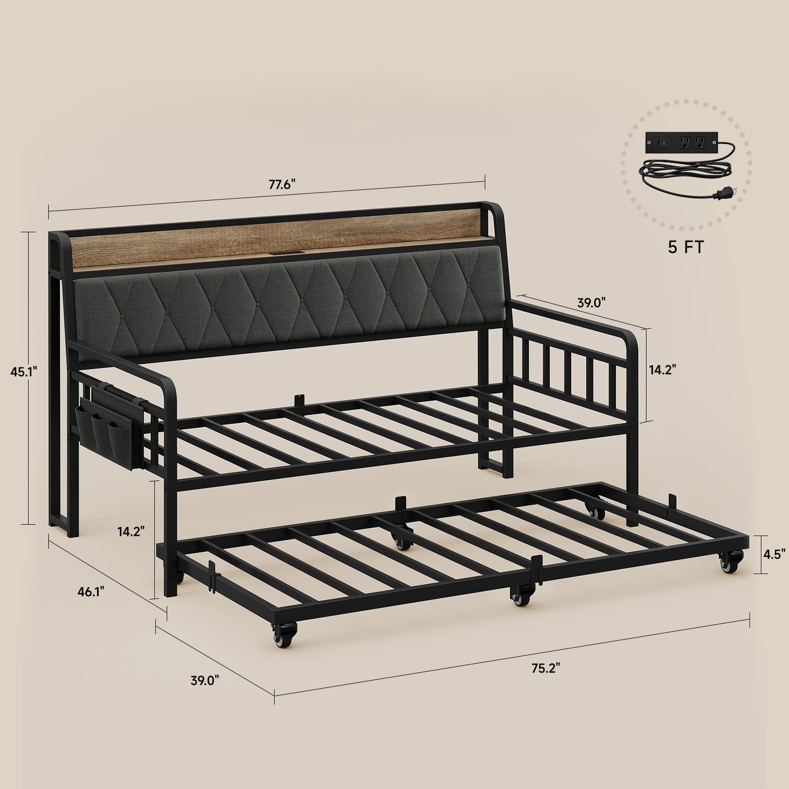 Twin Daybed with Trundle and Charging Station