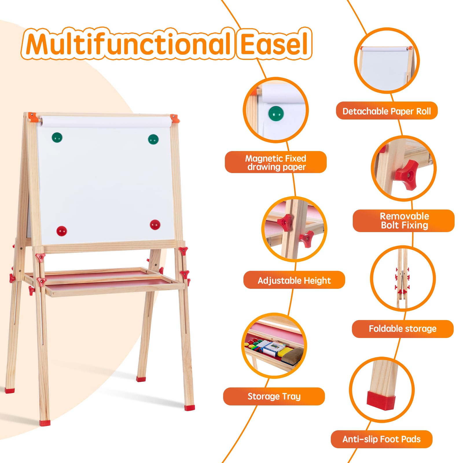 Adjustable Wooden Kids Easel with Paper Roll