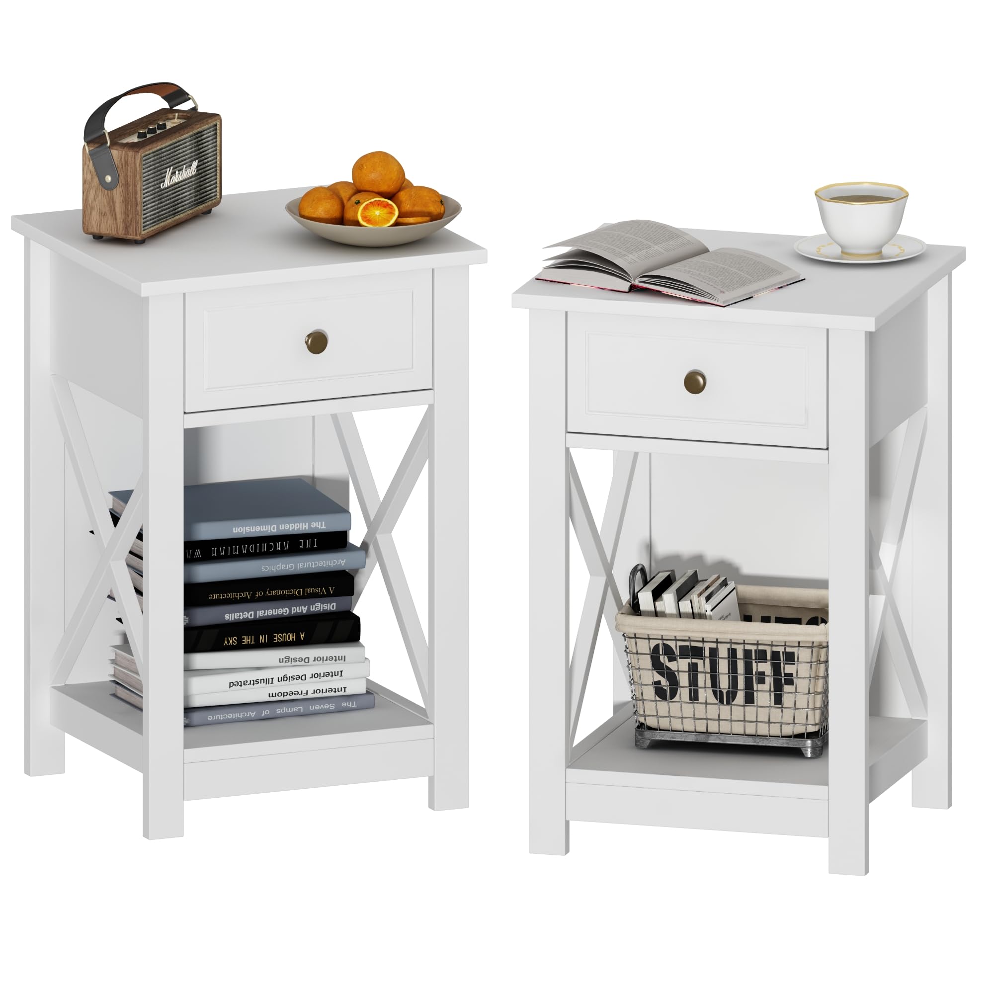 White Nightstand Set of 2, Modern X-Design Night Stand