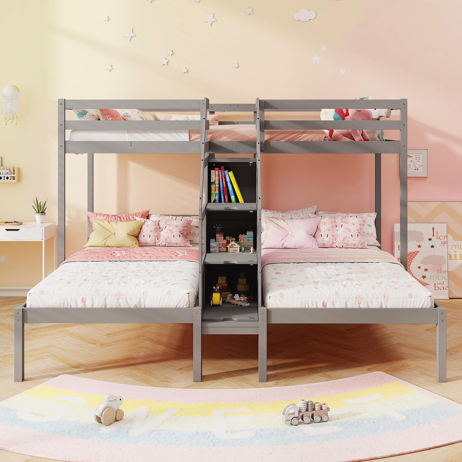 Twin Over Twin & Twin Bunk Bed, Triple Bunk Beds with 4-Step Storage Stair