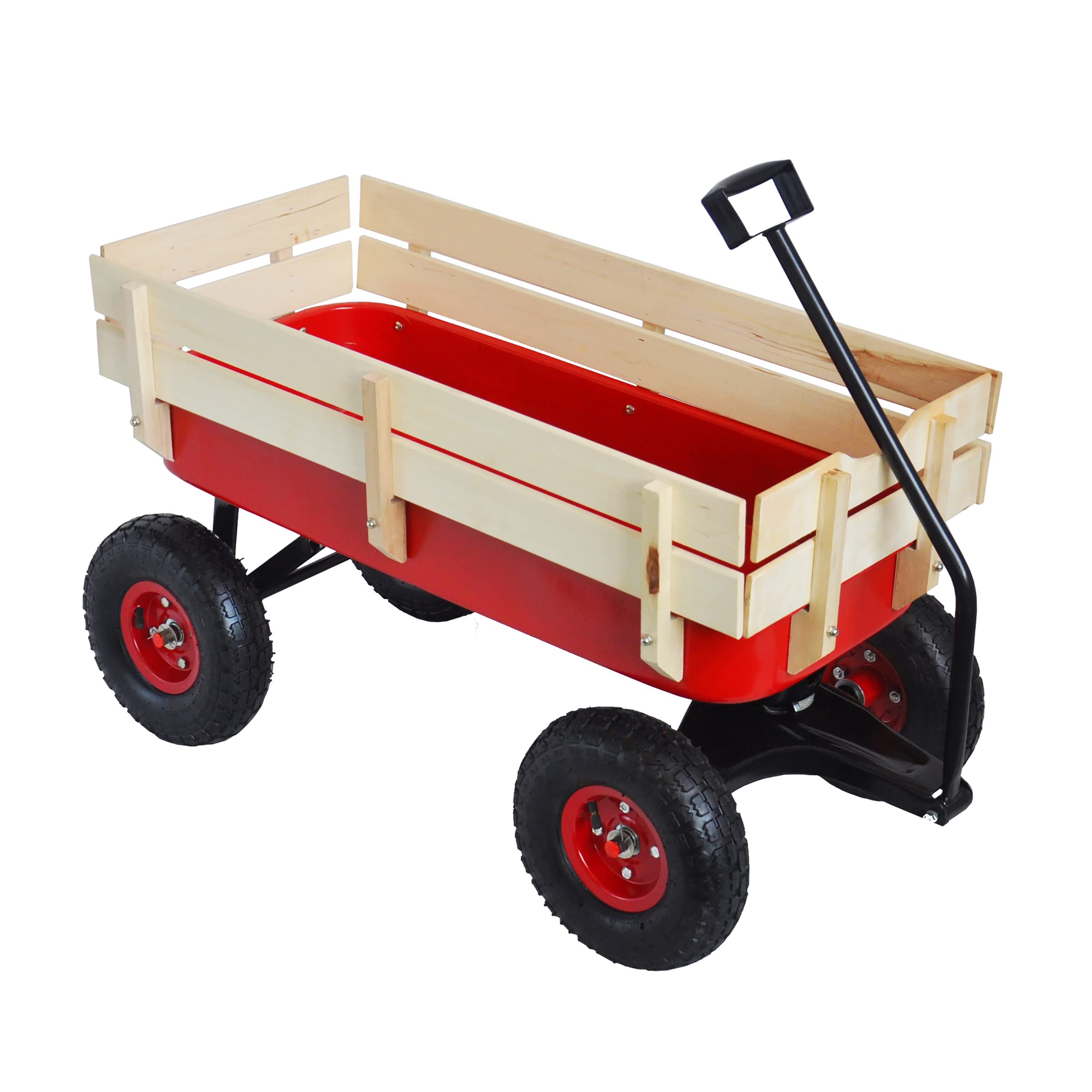 Sanch Ancha Heavy Duty Steel Wooden Side Support Cargo Wagon with 10” All-Terrain Air Tires, Up to 176lb Haul Capacity, Effortless Foldable Handle Cart for Towing Kids Toys, Gardening Supplies (Red)