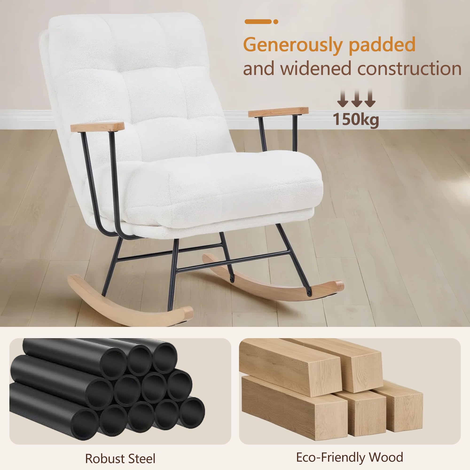 Oversized Teddy Fabric Nursery Rocking Chair with Adjustable High Backrest