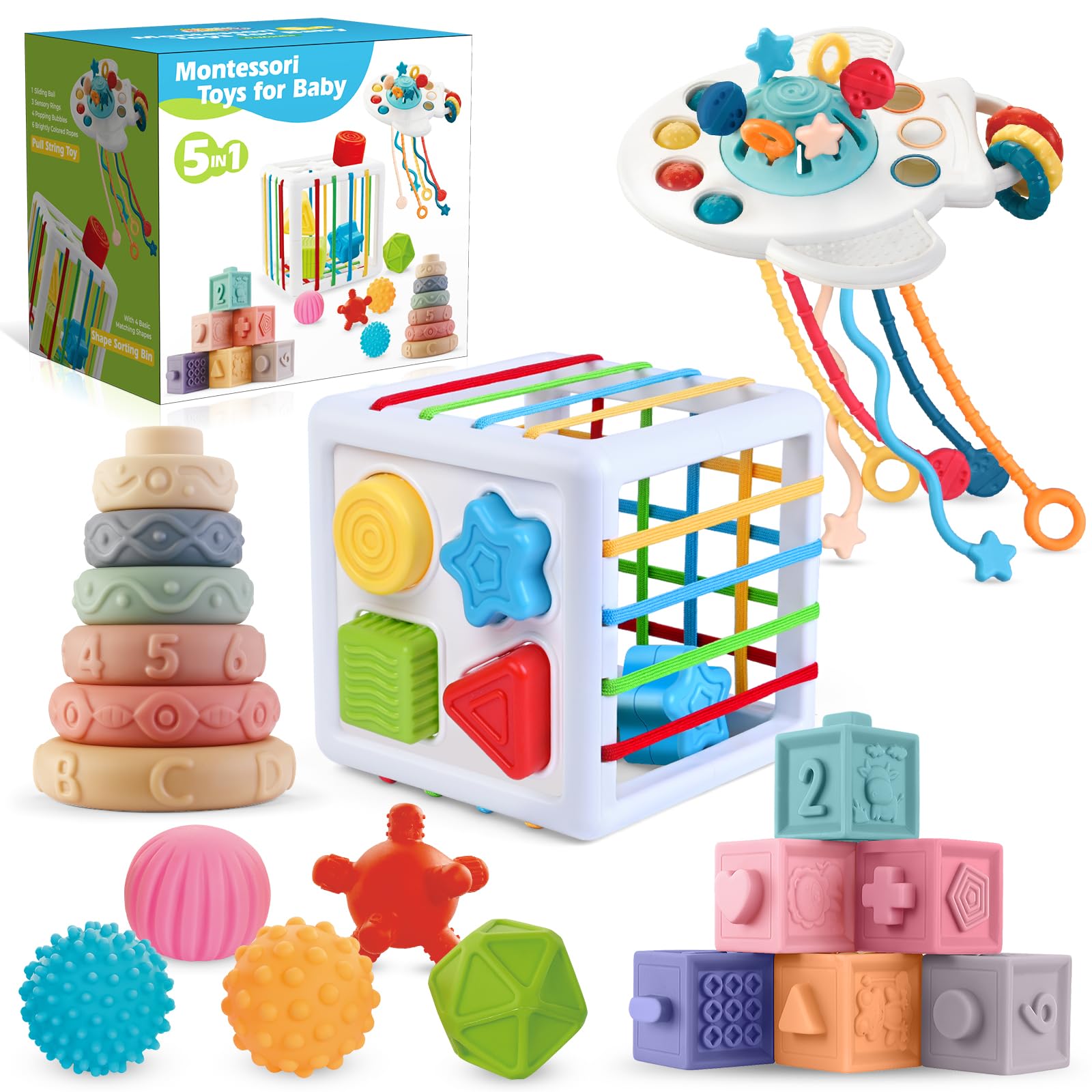 5 in 1 Baby Toys 6 to 12 Months, Montessori Toys, Soft Baby Teething Toys, Sensory Bin Toy