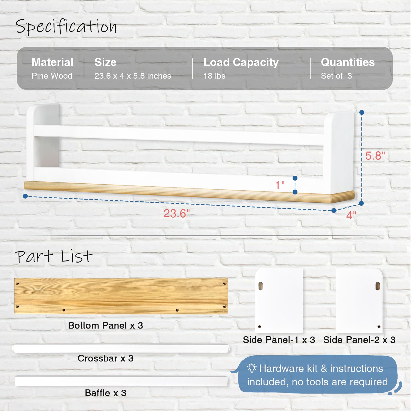 Floating Nursery Book Shelves for Wall 24 Inch