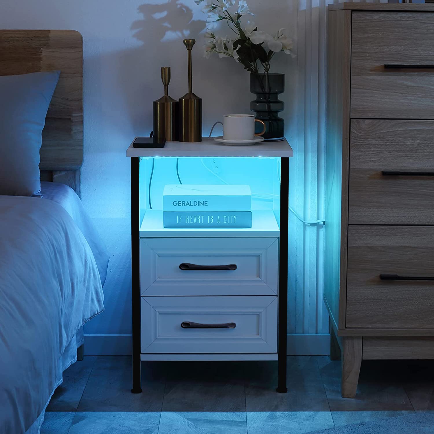 Nightstand with Charging Station and RGB Lights