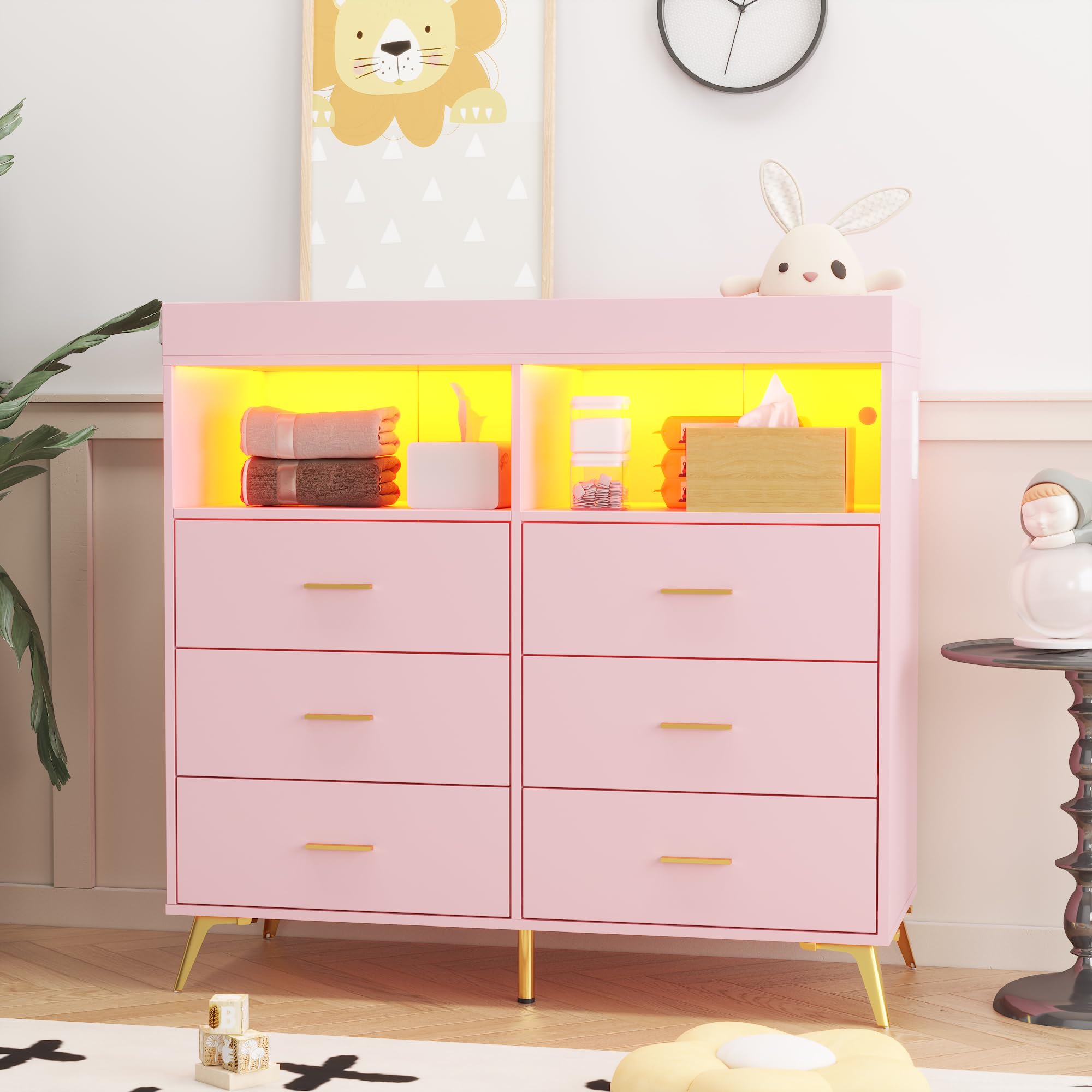 Baby Changing Table Dresser with LED Light and Power Outlet