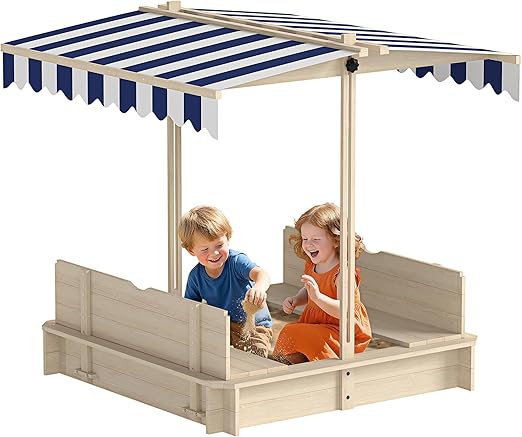Wooden Sandbox with Lid, Kids Sandbox with Canopy Outdoor