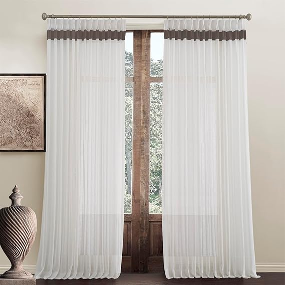 Window Sheer Curtains 42 inches Wide, White with Black Border