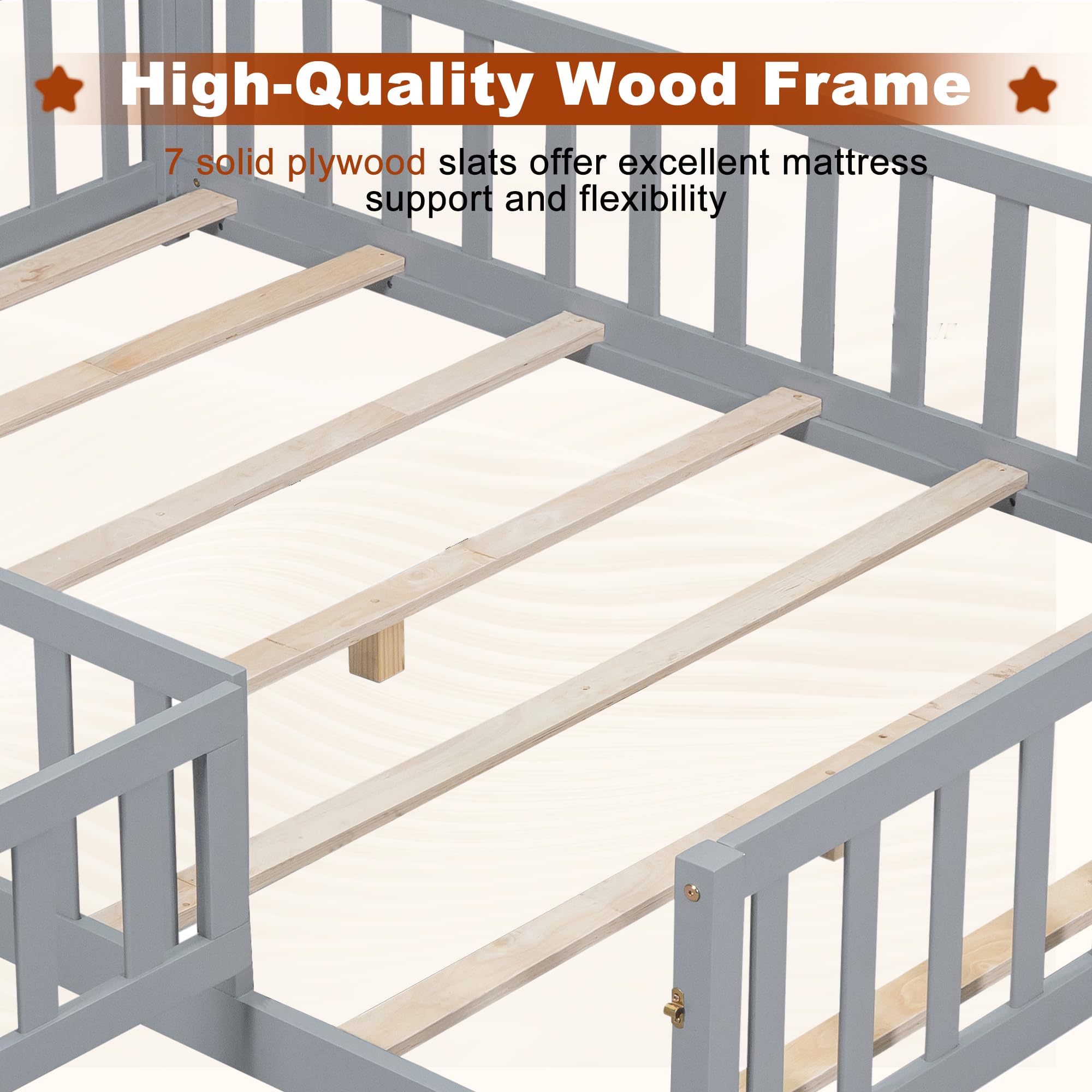 Full Size Floor Bed with High Guardrails and Door