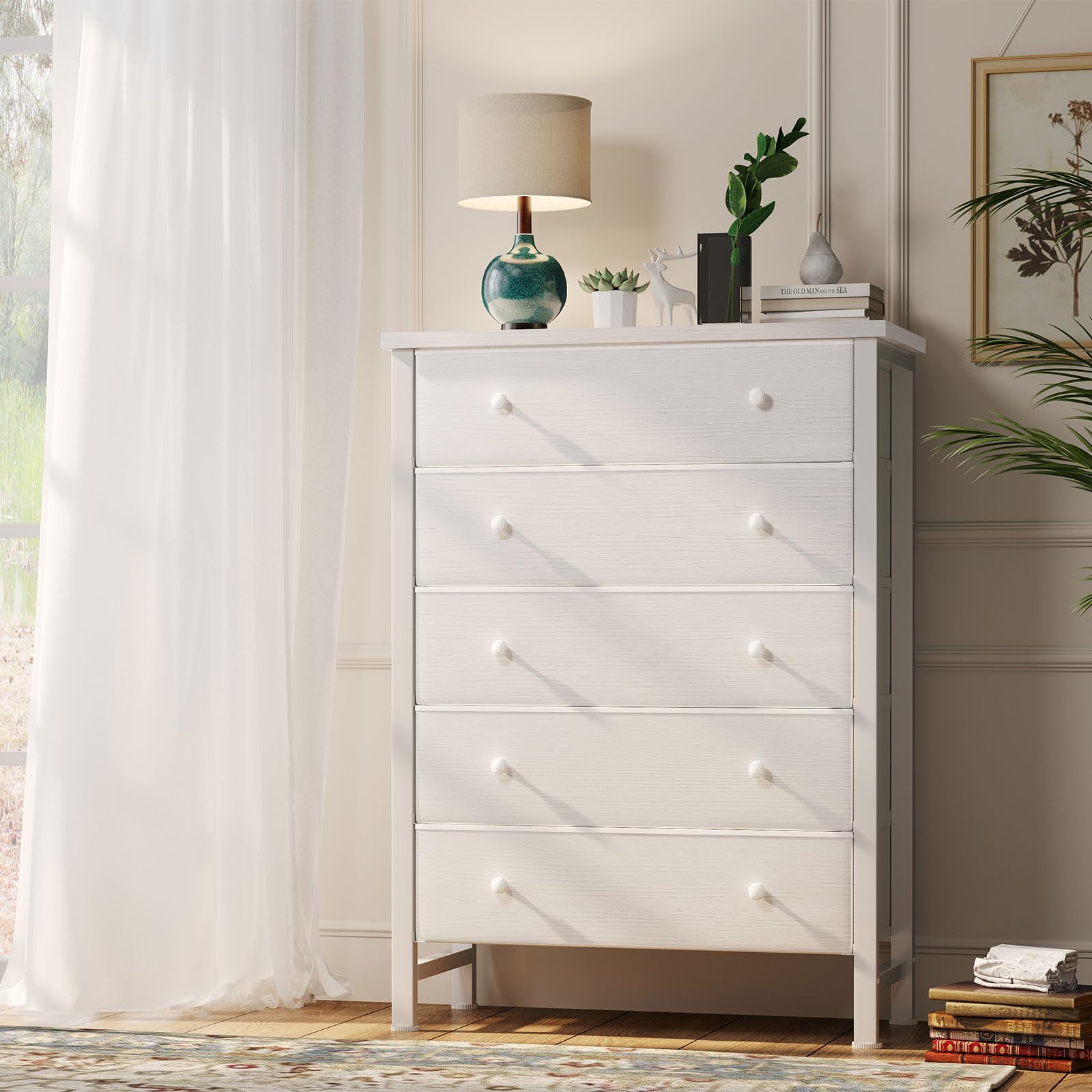 5-Drawer Fabric Dresser with Wood Grain Top