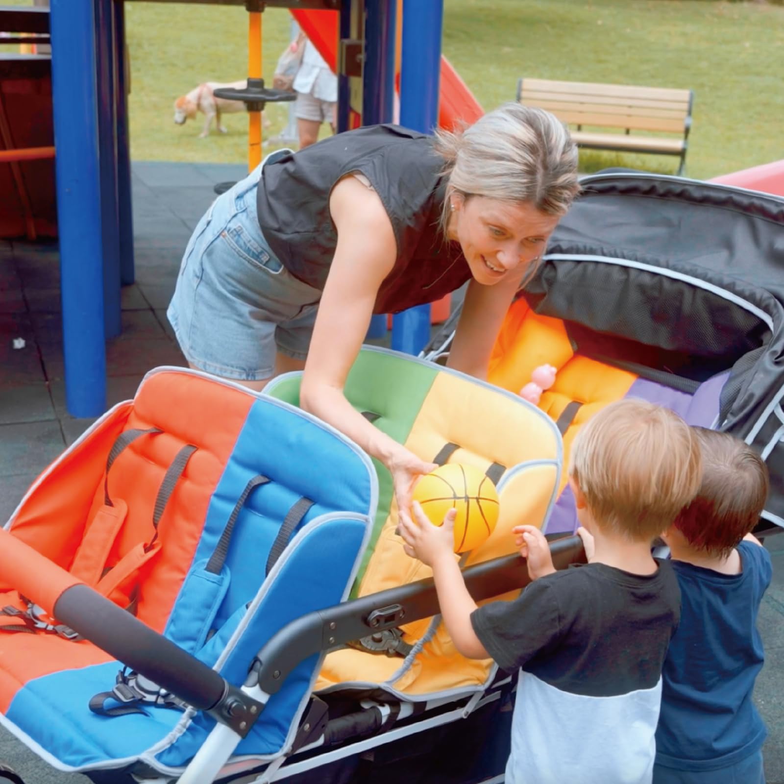 6-Seat Tandem Stroller with Double Canopy and Safety Harness
