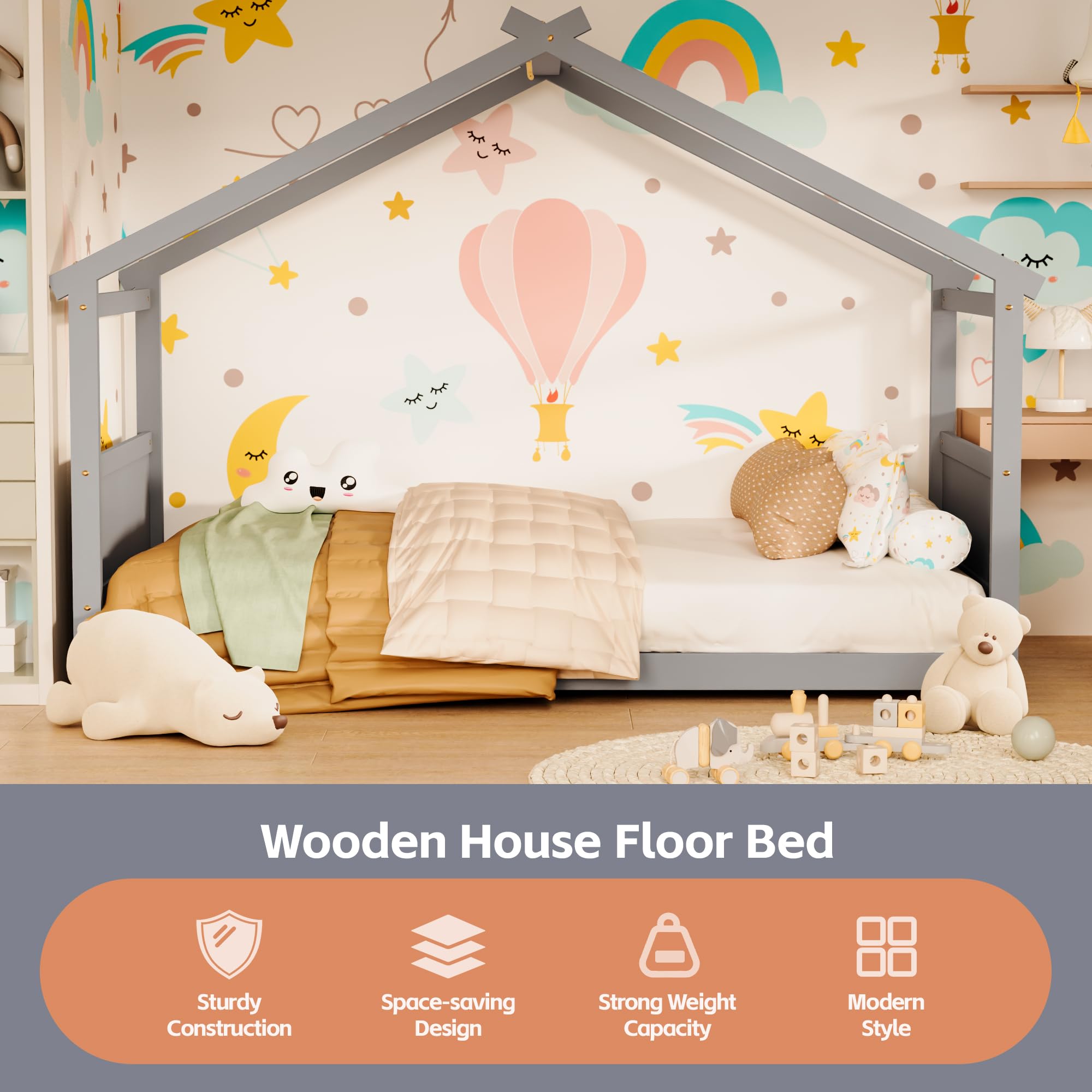 Twin Floor House Bed with Headboard and Footboard