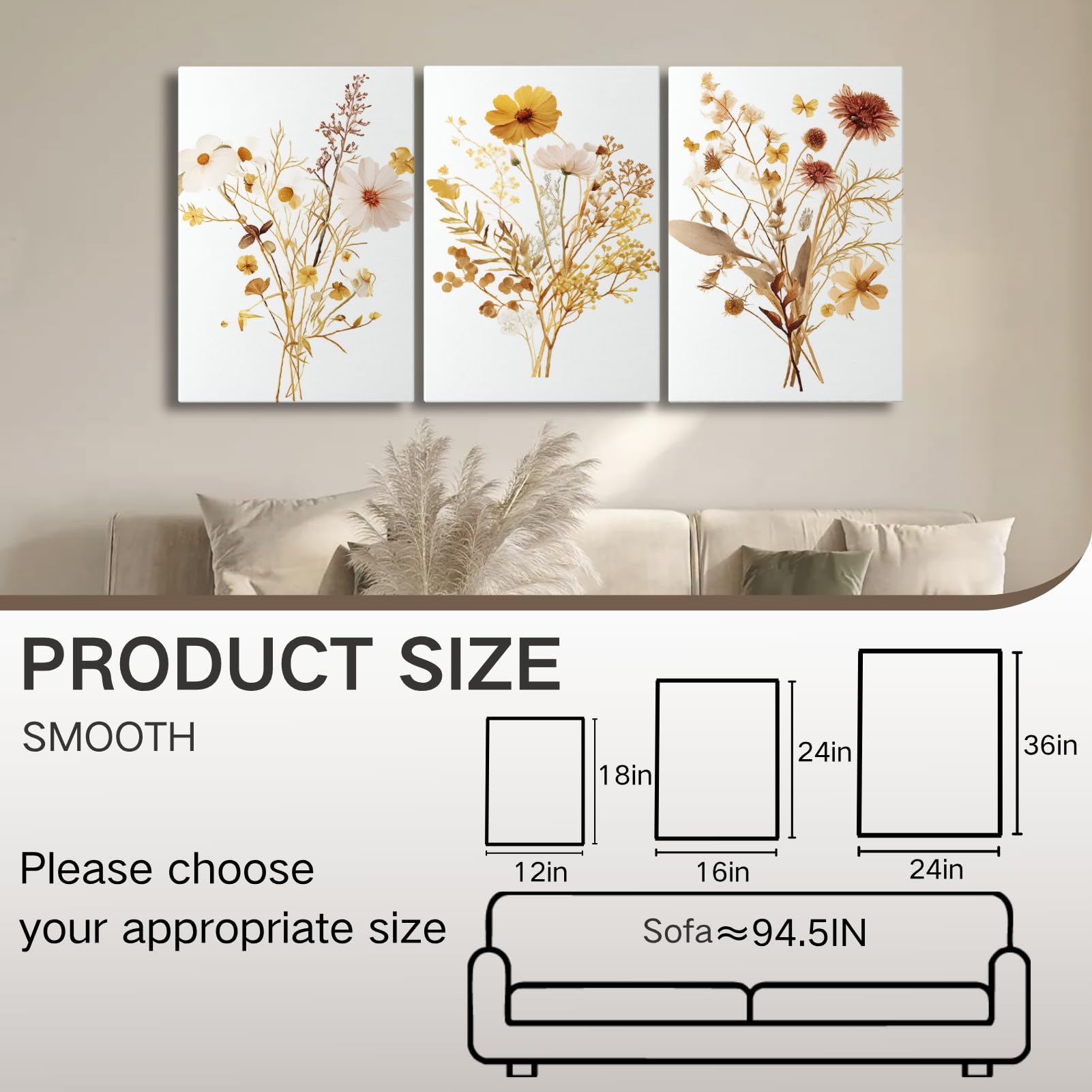 Watercolor Wildflower Canvas Wall Art Set of 3